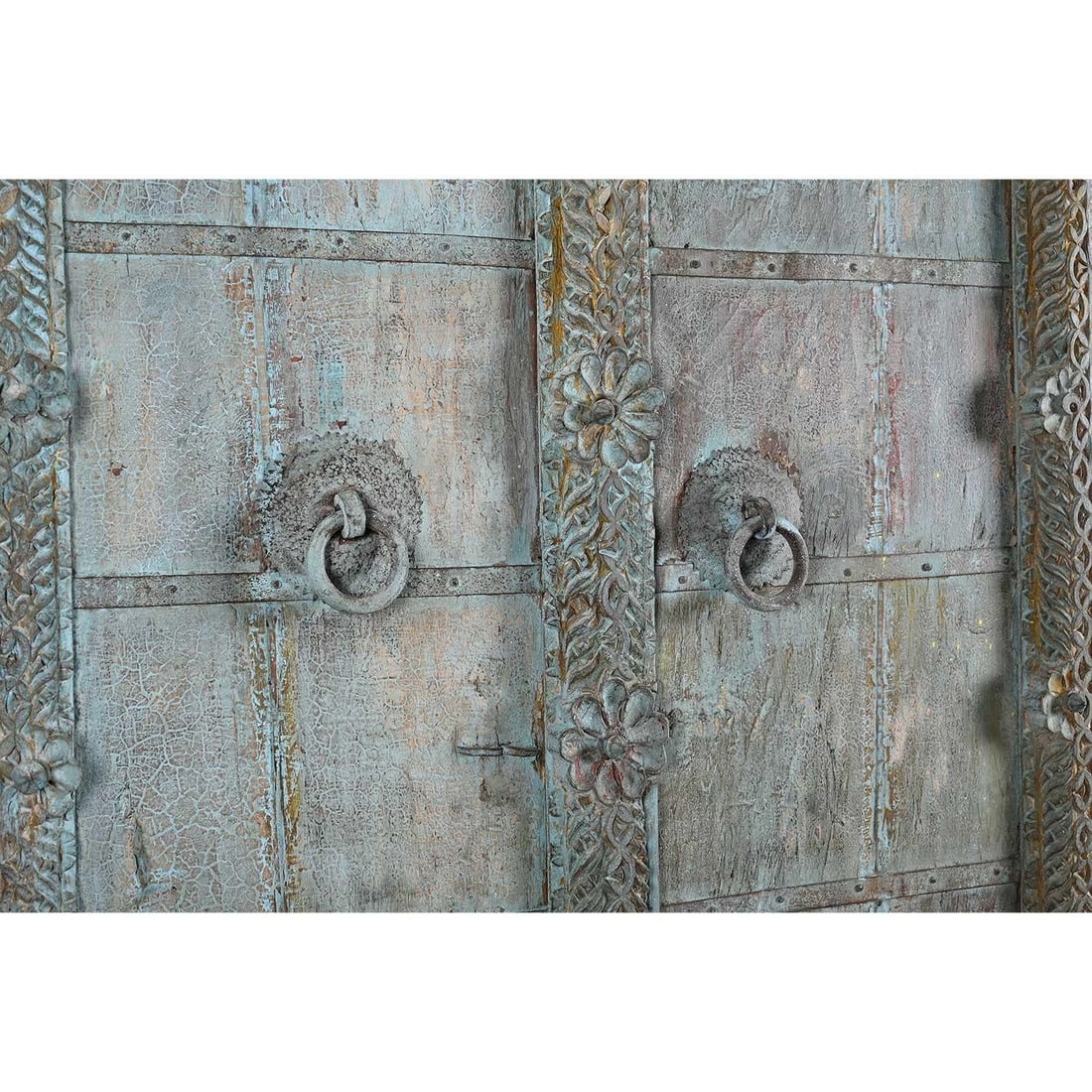 Early 1900s Hand Carved Antique Indian Door With Distressed Blue Patina - 3