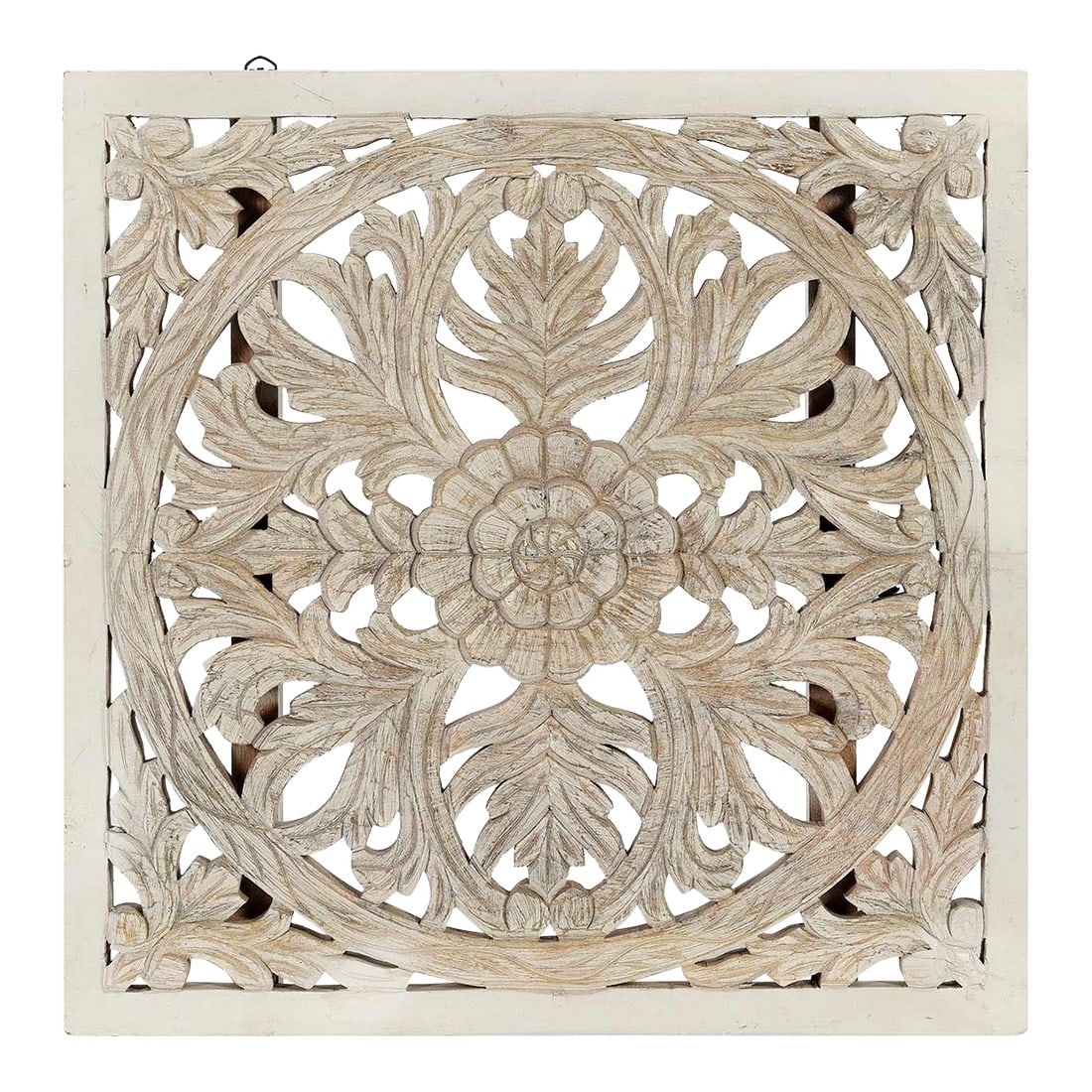 1980s Farmhouse Style Square Lattice Carved Solid Wood Wall Panel in Distressed White Finish: Dimensions: 27" W x 2" D x 27" H Features: "• Lattice see through carved panel "• 100% solid wood construction "• Hand carved by skilled artisans "• Distressed white washed fin