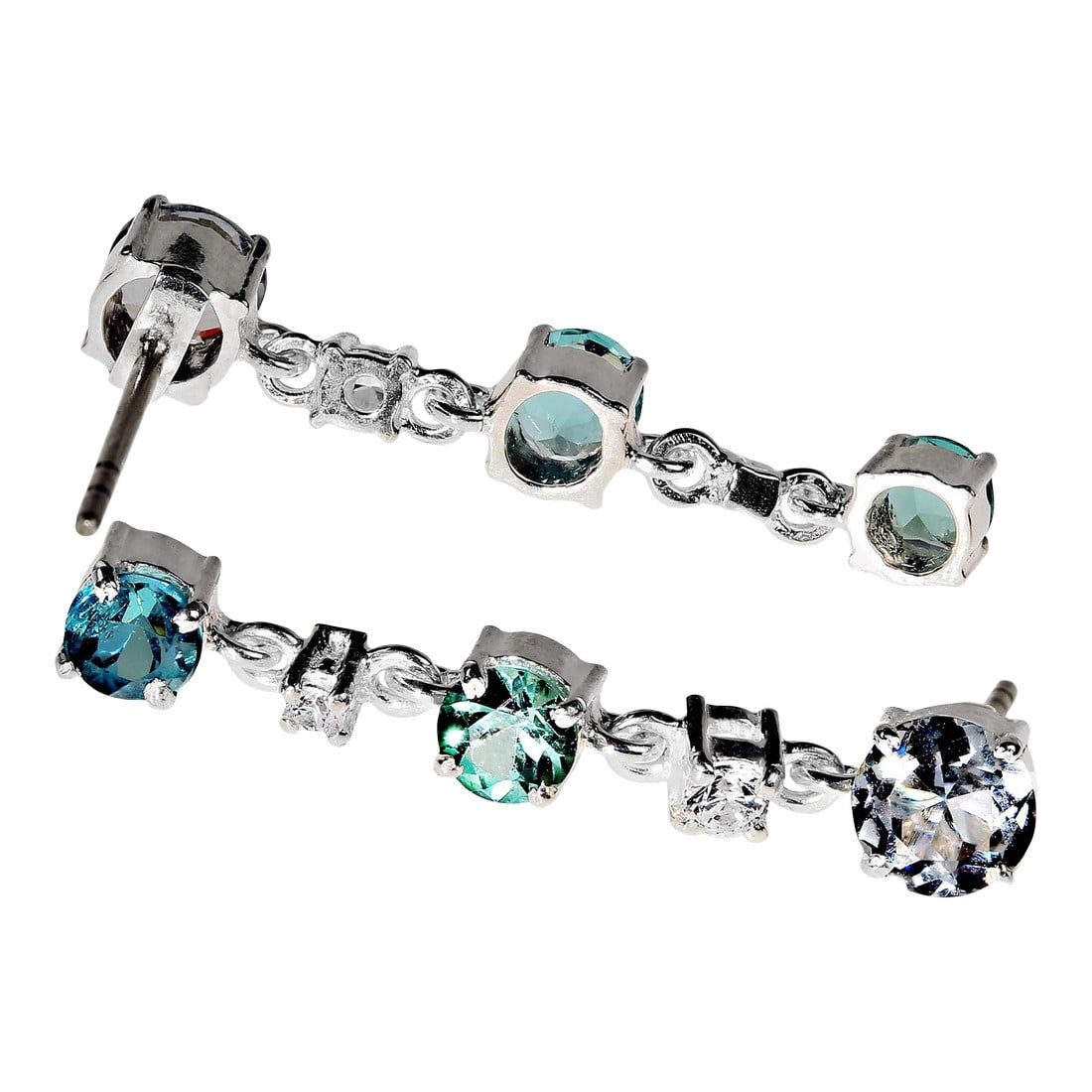 AJD Blue Tourmaline and Sterling Silver Drop Earrings - 2 Pieces: This is part of Chairish's Fine Jewelry assortment. Dangling delightful tourmaline earrings. These lovely earrings dangle 1 1/8 inches from sterling silver posts. Each tourmaline is accented with a sp