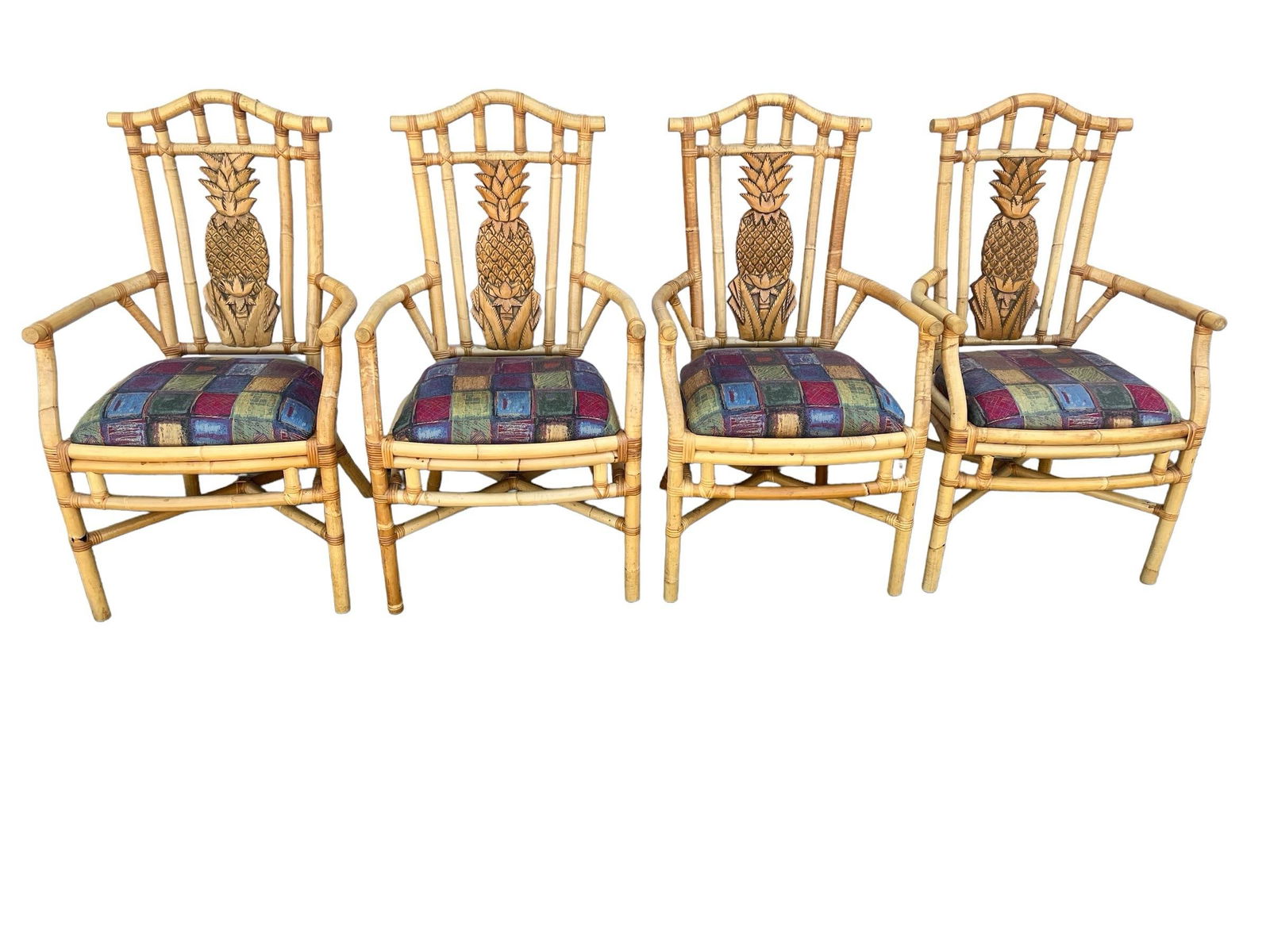Bamboo Rattan Pineapple Arm Side Chairs in the Style of Palecek Set of Four With Table - 2