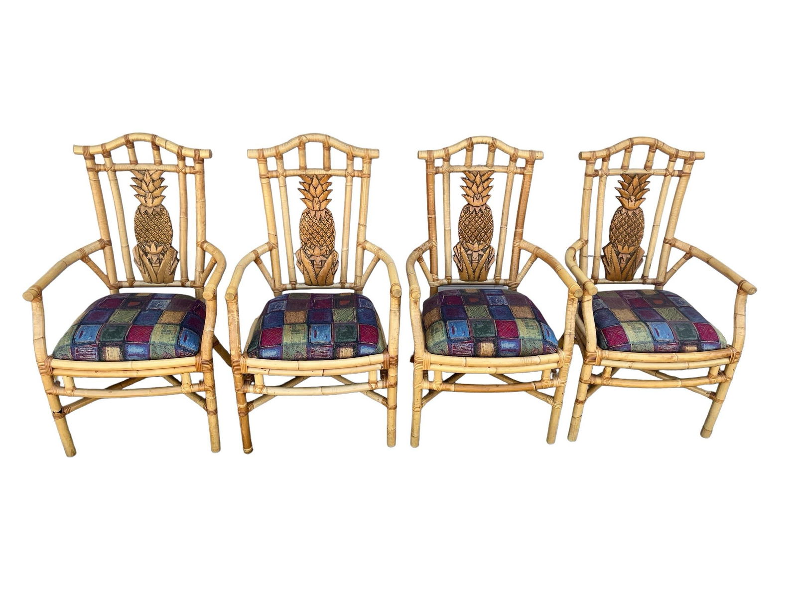 Bamboo Rattan Pineapple Arm Side Chairs in the Style of Palecek Set of Four With Table - 7