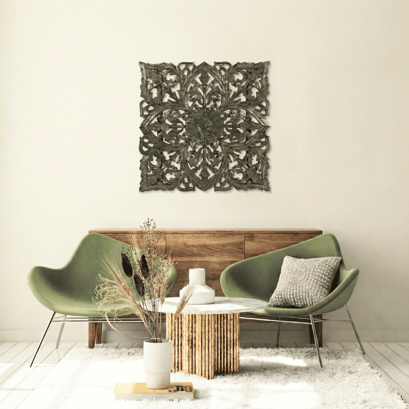 Square Lattice Carved Solid Wood Panel - 2