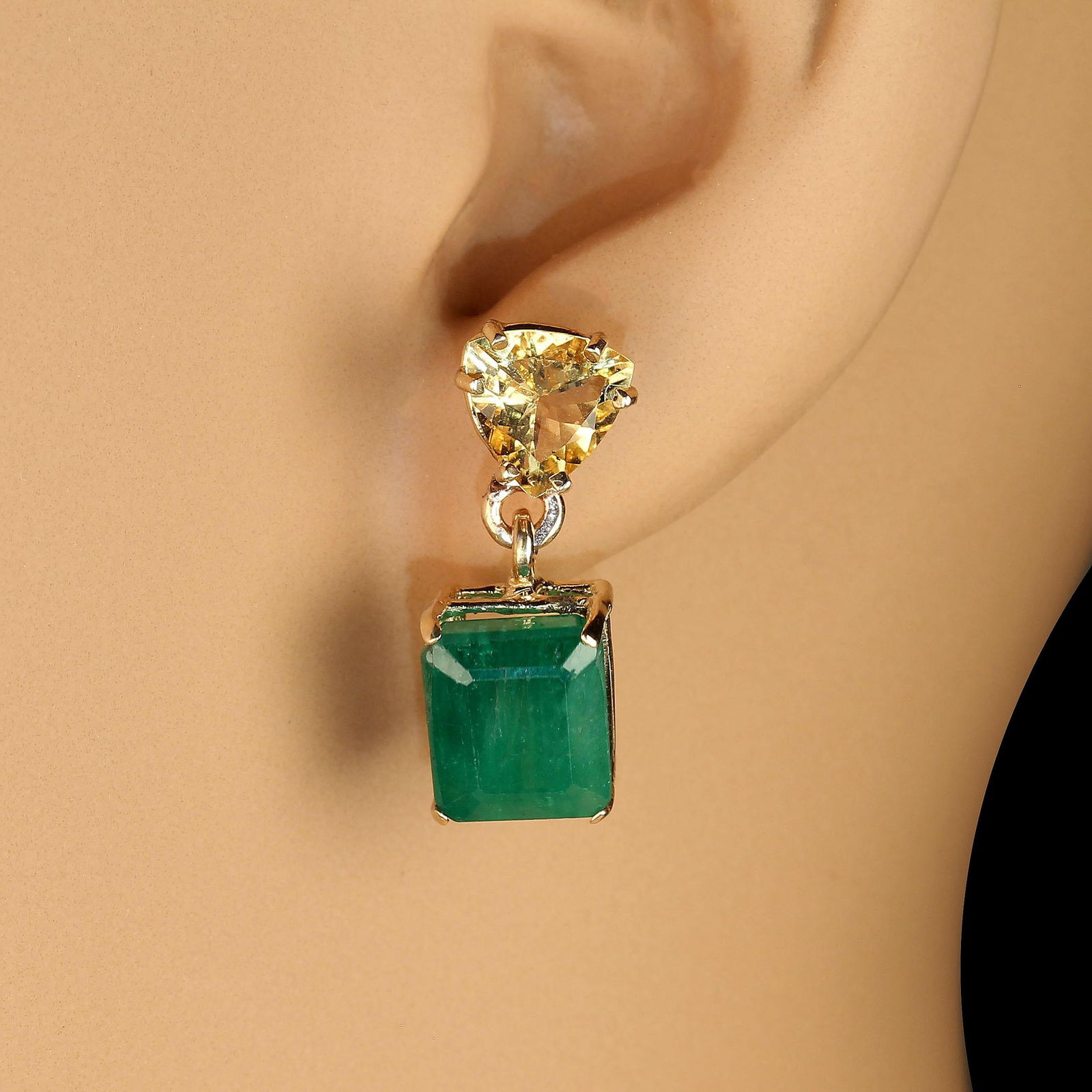 AJD Bold Emerald and Golden Beryl Dangle Earrings in 14k Yellow Gold - 2 Pieces - 2