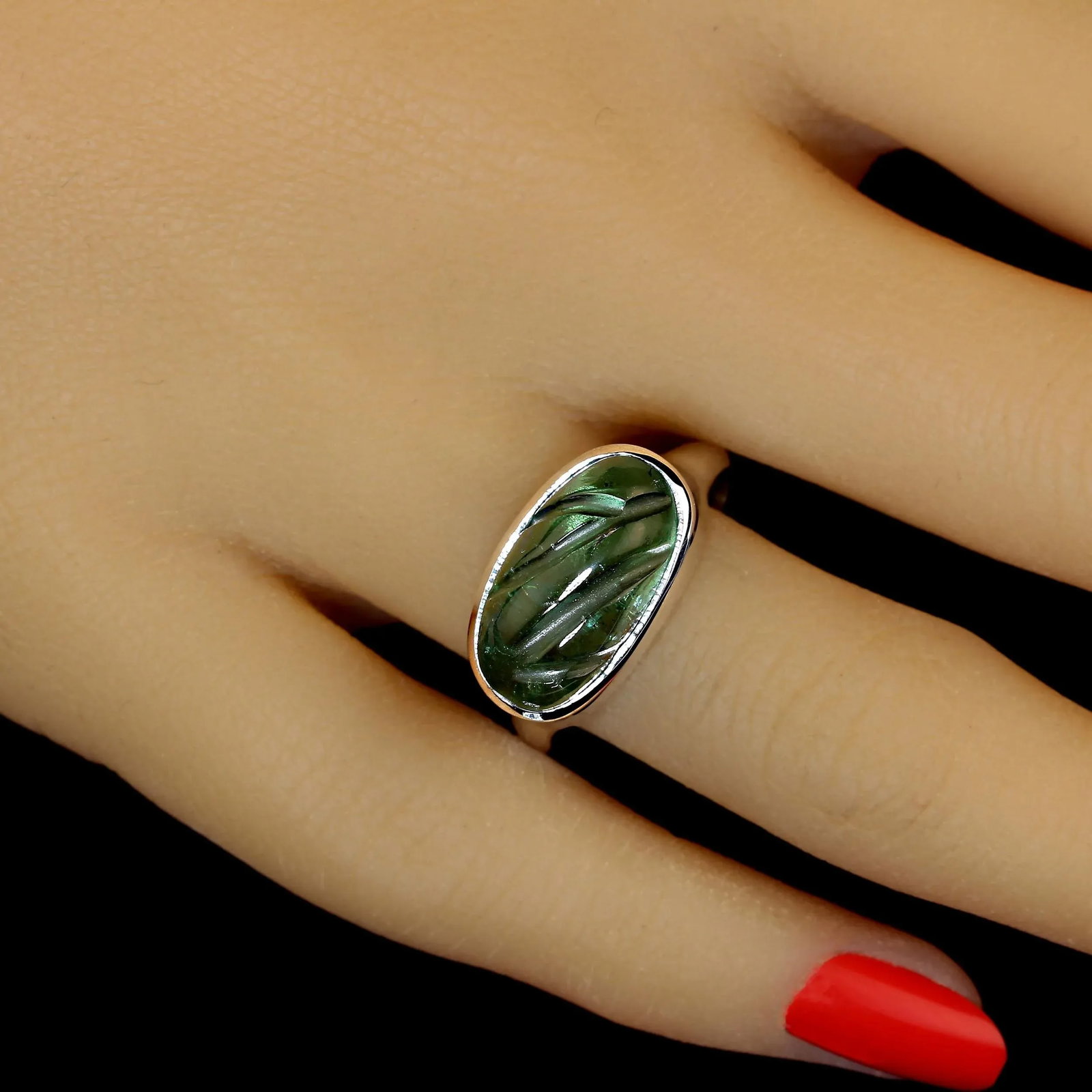 Carved Green Tourmaline and Sterling Silver Ring Size 7.75 - 2