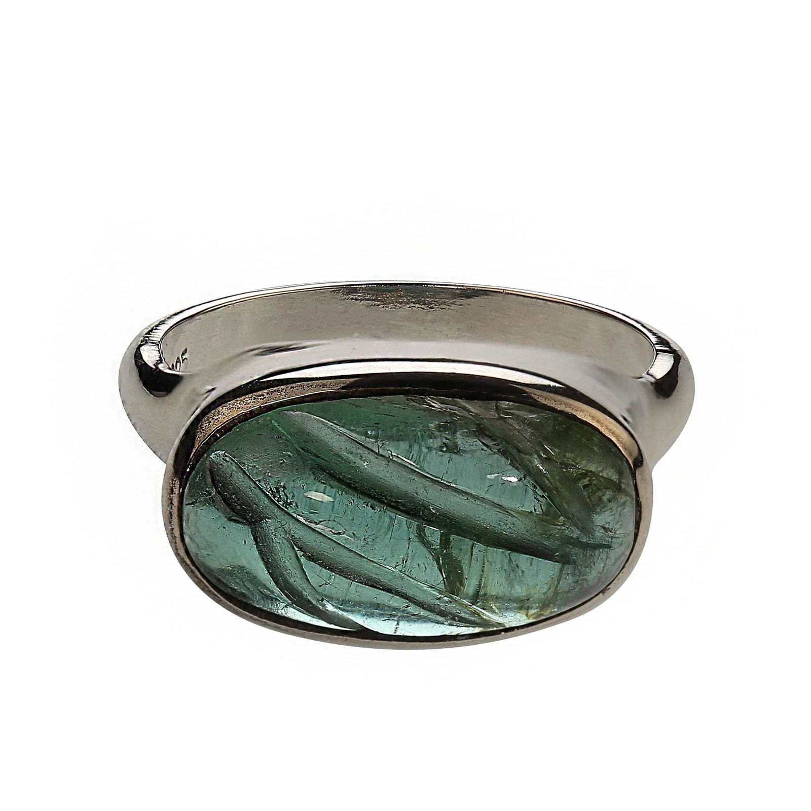 Carved Green Tourmaline and Sterling Silver Ring Size 7.75 - 6