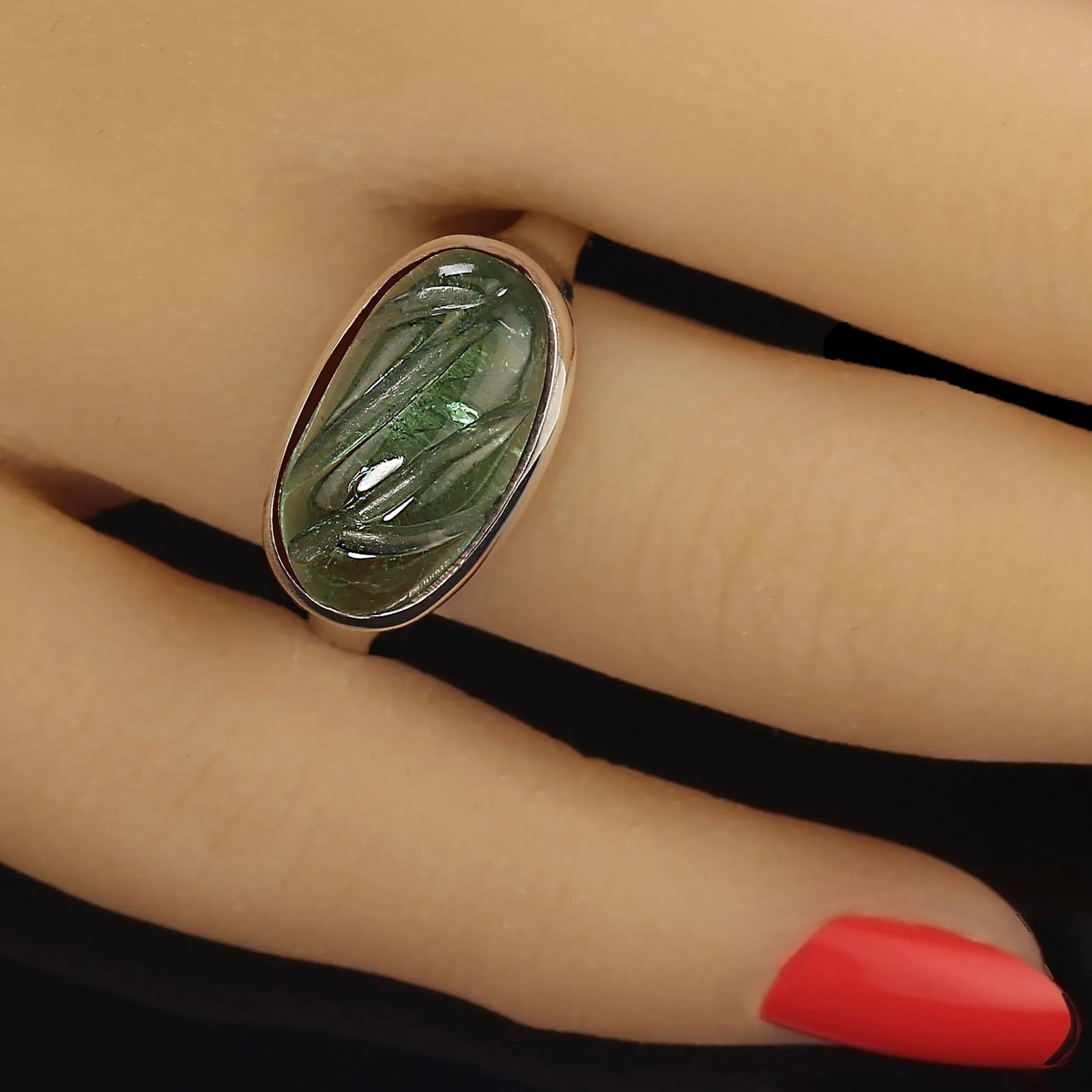 Carved Green Tourmaline and Sterling Silver Ring Size 7.75 - 7