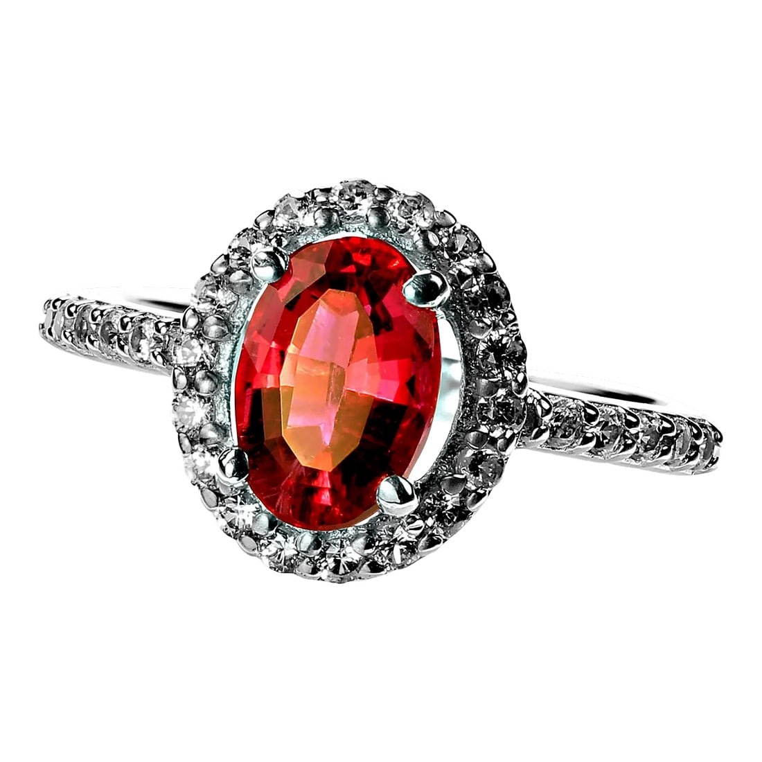 1.6Ct Oval Rubelite in Halo in Sterling Silver Size 7: This is part of Chairish's Fine Jewelry assortment. Indulge in the dazzling beauty of this exquisite sterling silver ring, featuring a stunning 1.6ct step-cut oval Rubellite as its centerpiece. This v
