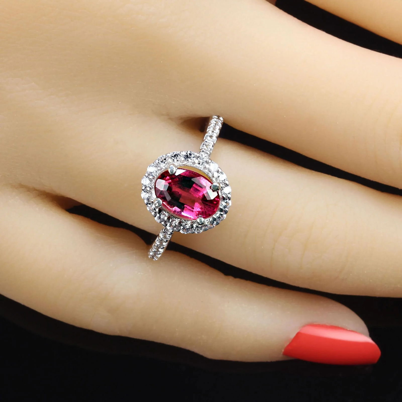 1.6Ct Oval Rubelite in Halo in Sterling Silver Size 7 - 2