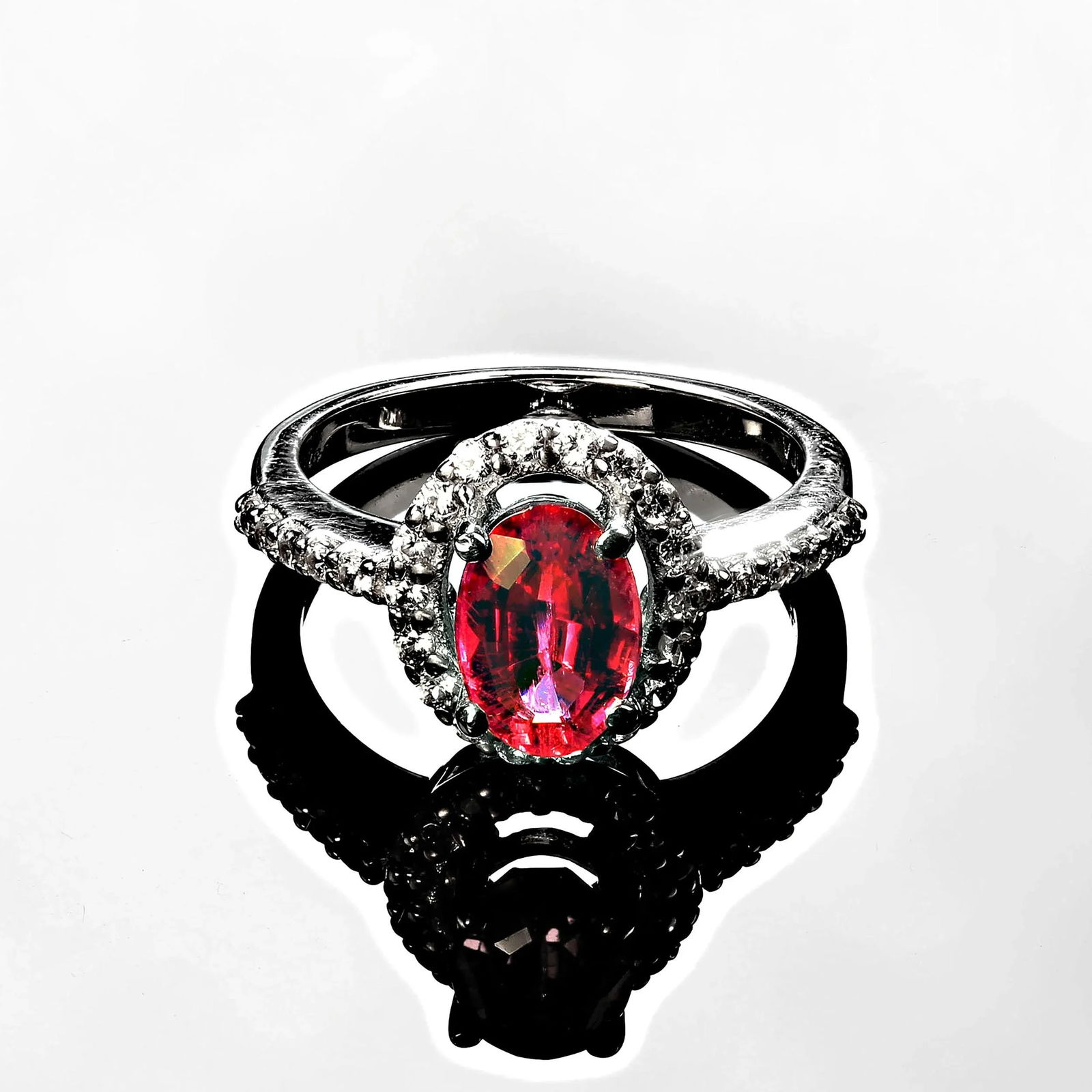 1.6Ct Oval Rubelite in Halo in Sterling Silver Size 7 - 7