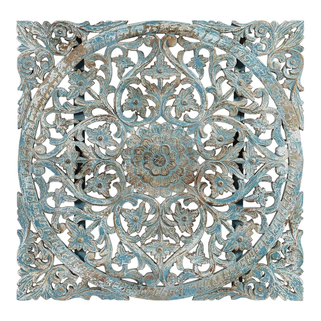 1990s Square Lattice Carved Solid Wood Wall Panel: Dimensions: 35 W x 2" D x 35" H Features: "• Lattice see through carved panel "• 100% solid wood construction "• Hand carved by skilled artisans "• Distressed blue finish "R