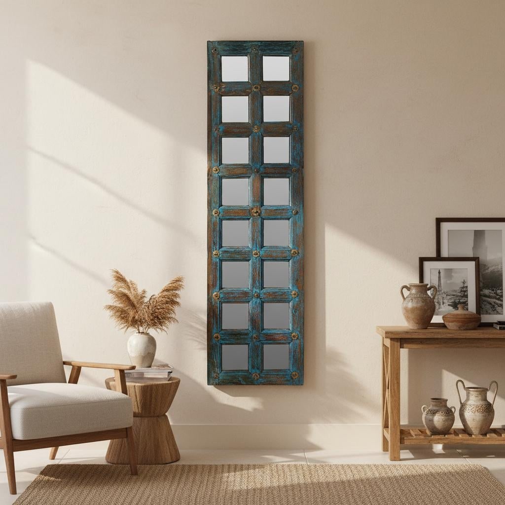 Vintage Distressed Blue Teak Wood Narrow Door With Mirror - 2