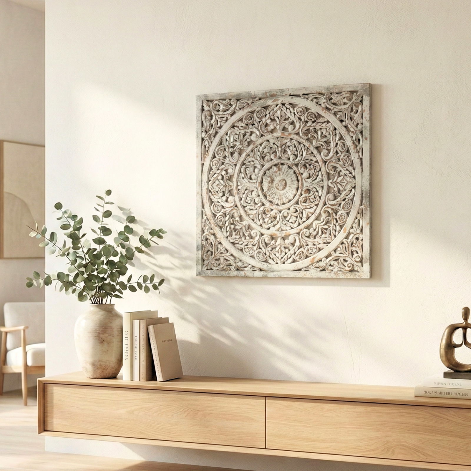 1990s Square Lattice Carved Solid Wood Wall Panel - 2