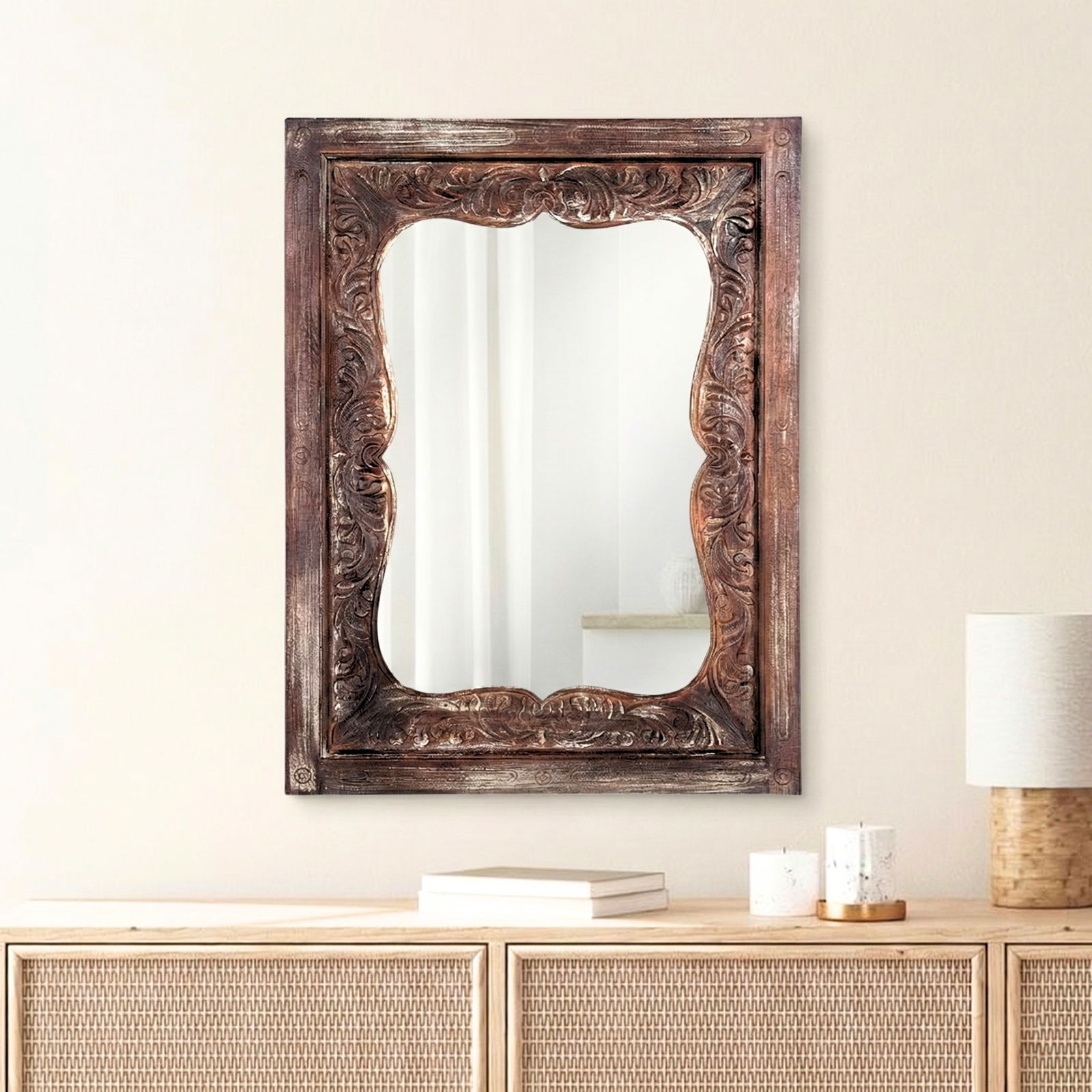 1980s Vintage Distressed Carved Solid Wood Vanity Mirror - 2
