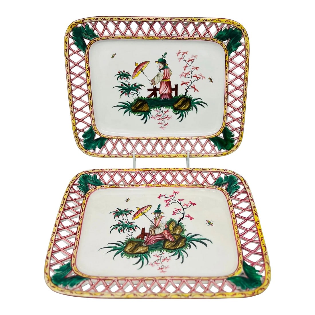 Antique French Faience Chinoiserie Decorated Pierced Platters C.1880: French, circa 1880. Delve into the elegance of the late 19th century with these stunning antique French faience Chinoiserie decorated pierced platters, crafted circa 1880. Each platter is a