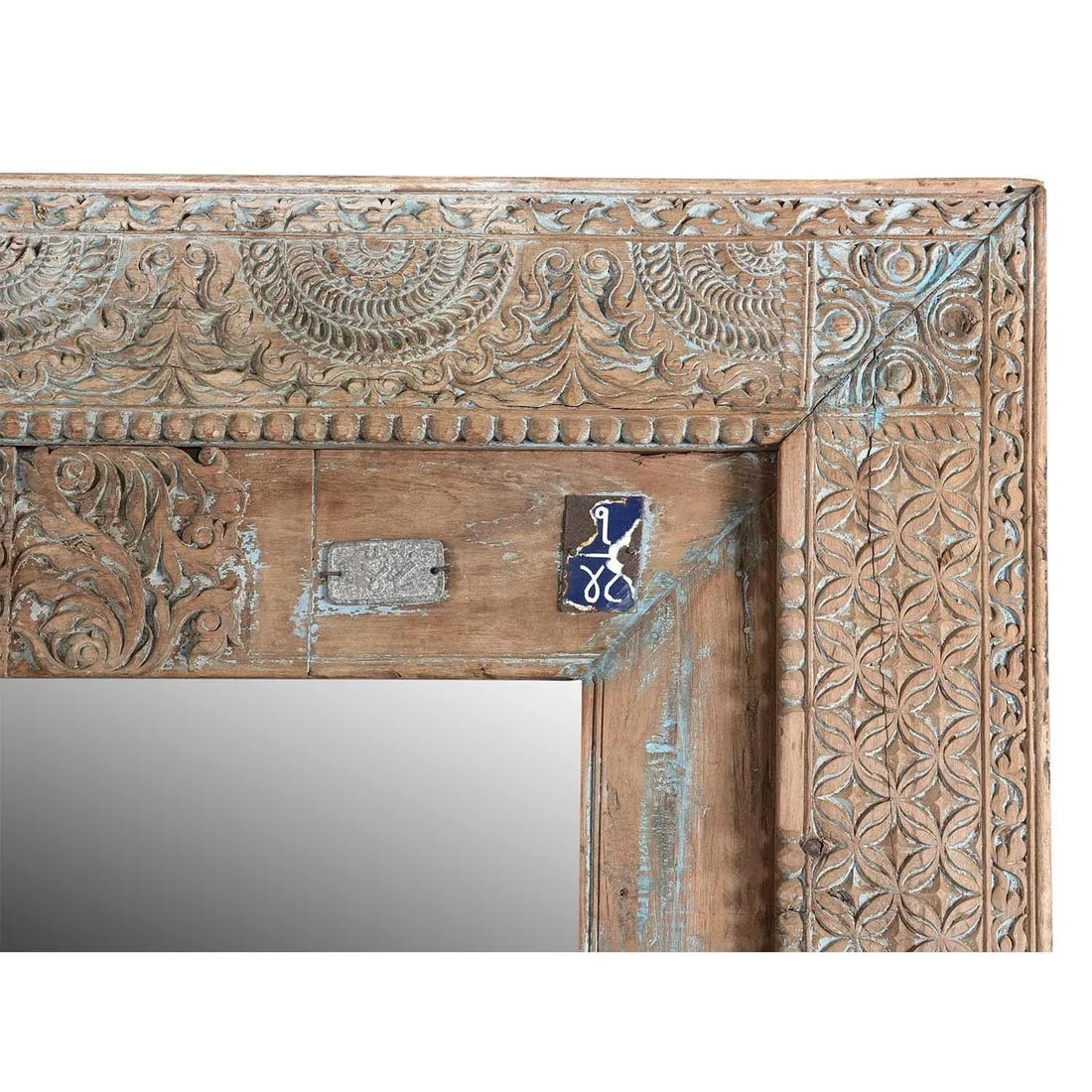 1920s Antique Doorframe Repurposed Distressed Solid Teak Wood Mirror - 3