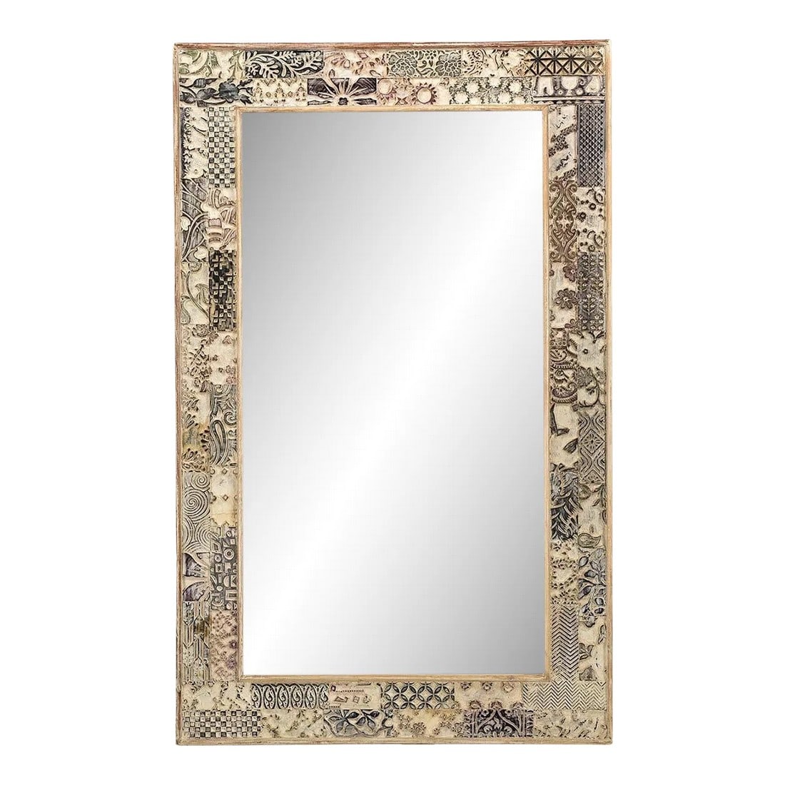 Vintage Carved Fabric Printing Blocks Repurposed 48" Tall Mirror: Dimensions: 30" W x 2" D x 48" H This piece utilizes old printing blocks that were once use to print fabric. It is handcrafted by artisans using basic hand tools. Due to the nature of this creative pr