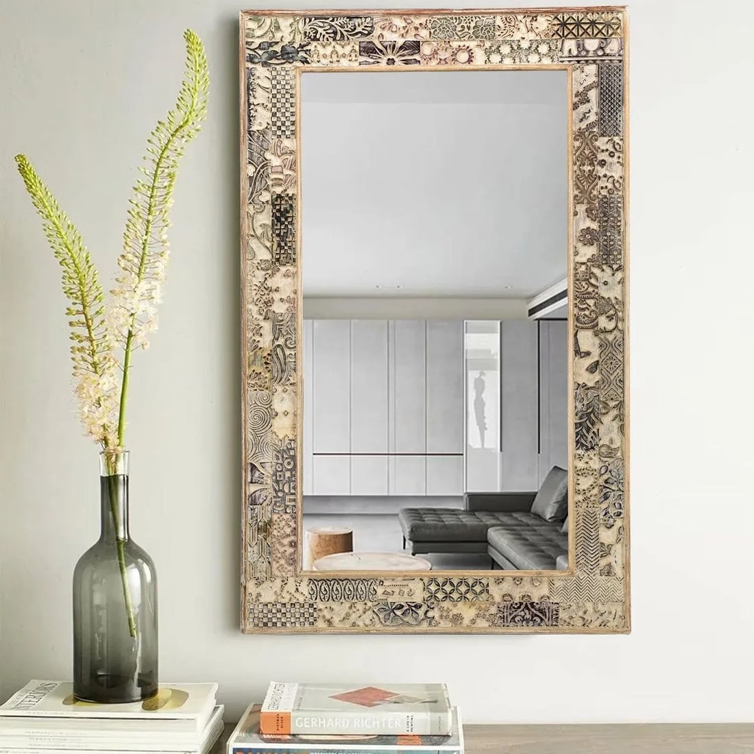 Vintage Carved Fabric Printing Blocks Repurposed 48" Tall Mirror - 2