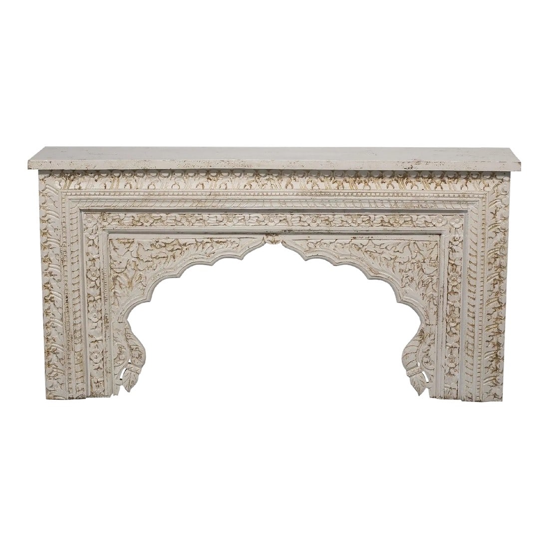 59" Long Moorish Carved Arch Solid Wood Console Sofa Table: Dimensions: 59"wide X 16"deep X 29"high Features: "• A rare piece and one of its kind available "• 100% solid wood construction "• Hand carved by skilled artisans "• Eclectic t