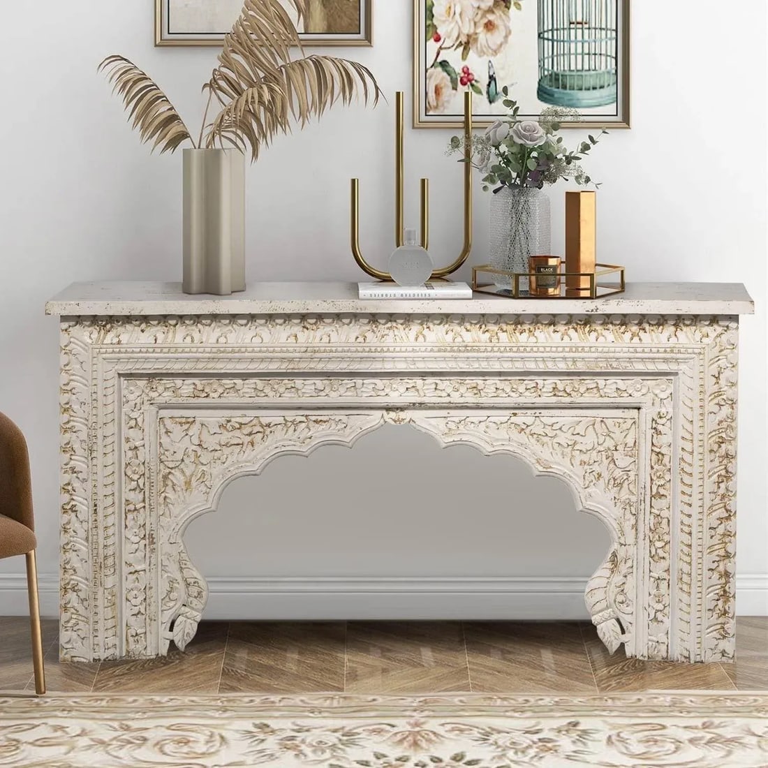 59" Long Moorish Carved Arch Solid Wood Console Sofa Table - 2