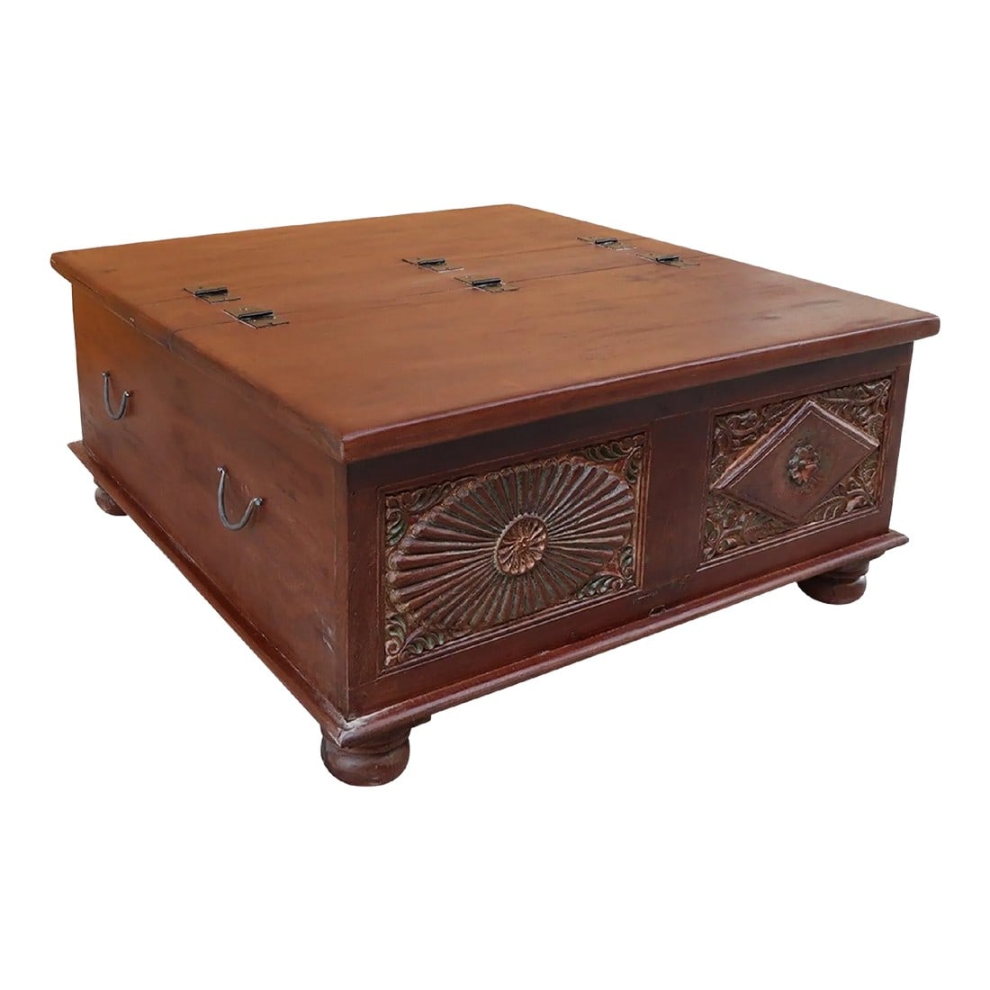 Vintage Carved Window Upcycled 41" Square Box Solid Wood Coffee Table: Dimensions: 41" W x 41" D x 18" H This Trunk Storage Coffee Table piece utilizes old architectural elements, re-claimed woods and is handcrafted by artisans using basic hand tools. Due to the nature o