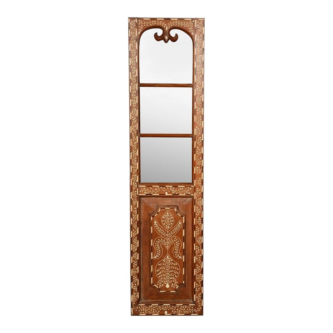Vintage Bone Inlaid Wooden Decorative Mirror Traditional Style Living Room Wall Panel: Dimensions: 18" W x 2" D x 71.5" H This vintage, bone inlaid door panel has been repurposed into a mirror wall art. The original glass of this unique door has been replaced by mirror to give this pane