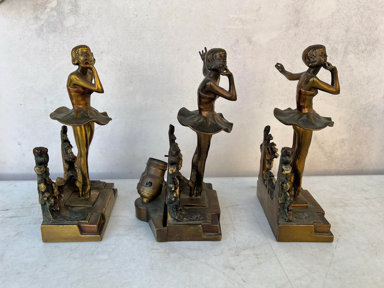 1930s Pompeian Bronze Ballerina Bookends and Light - 3 Piece Set - 4