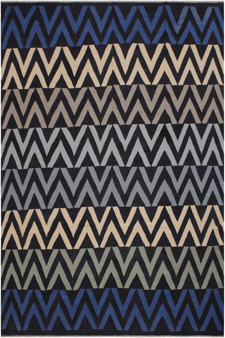 Contemporary Kilim Black/Ivory Hand-Woven Wool Rug - 8'6 X 10'1: Add a touch of elegance to your home with this casual chic hand woven Tribal Kilim wool rug. Constructed on a loom by Nomad Turkman people with hand spun wool and 100% Natural Vegetable dyes these