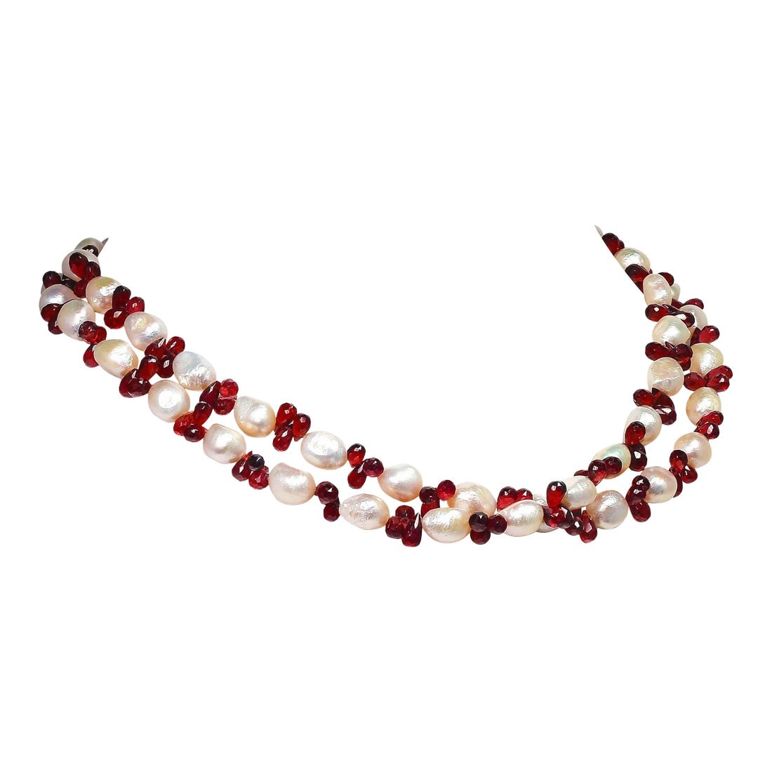 Double-Strand Freshwater Pearl and Garnet Necklace January Birthstone: This is part of Chairish's Fine Jewelry assortment. The Pearl is the Queen of Gems and the gem of Queens Introducing the Handmade Rhodolite Garnet and Freshwater Pearl Necklace – a sophisticated