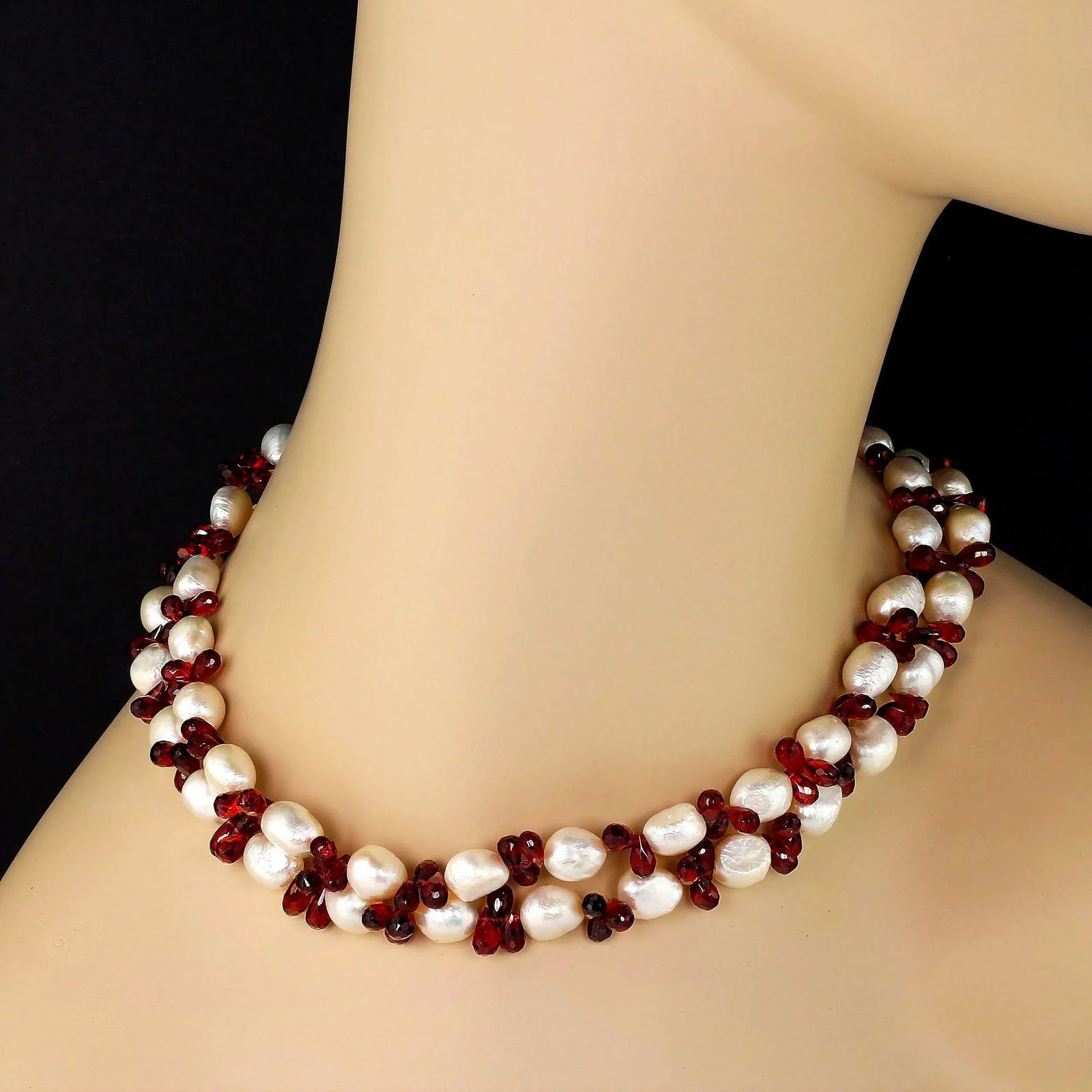 Double-Strand Freshwater Pearl and Garnet Necklace January Birthstone - 2