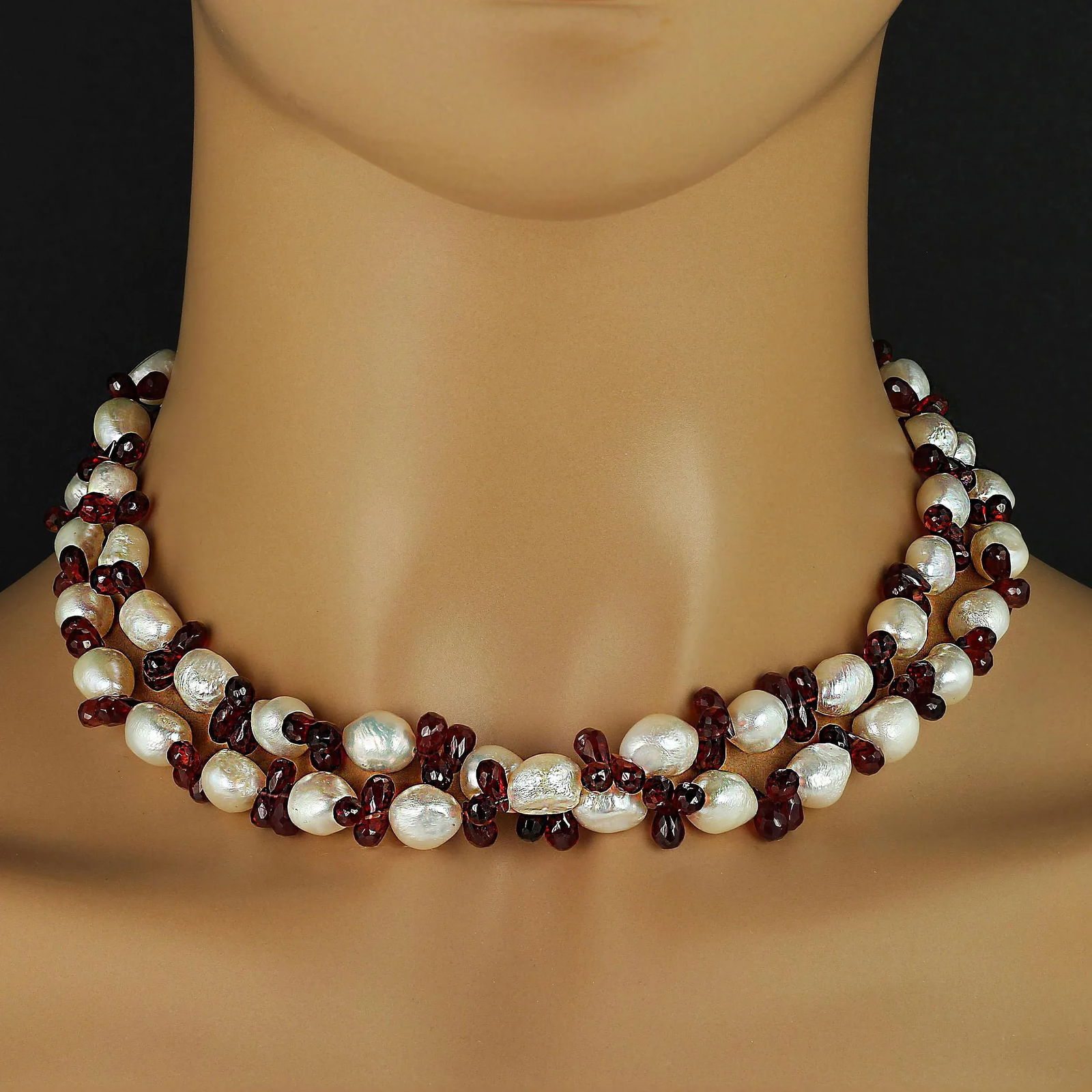 Double-Strand Freshwater Pearl and Garnet Necklace January Birthstone - 4