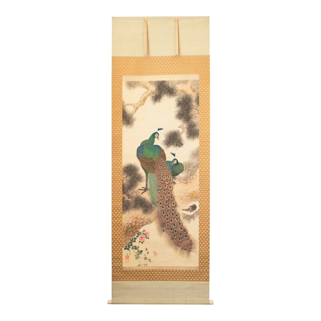 Suiha Shibata "Peacocks", XL Early 20th C. Japanese Silk Scroll Painting: Fine and rare extra large antique Japanese watercolor scroll painting depicting divine Peacocks by Suiha Shibata. Suiha Shibata (born 1888 in Kyoto), disciple of Shouha Ito, was one of leading female