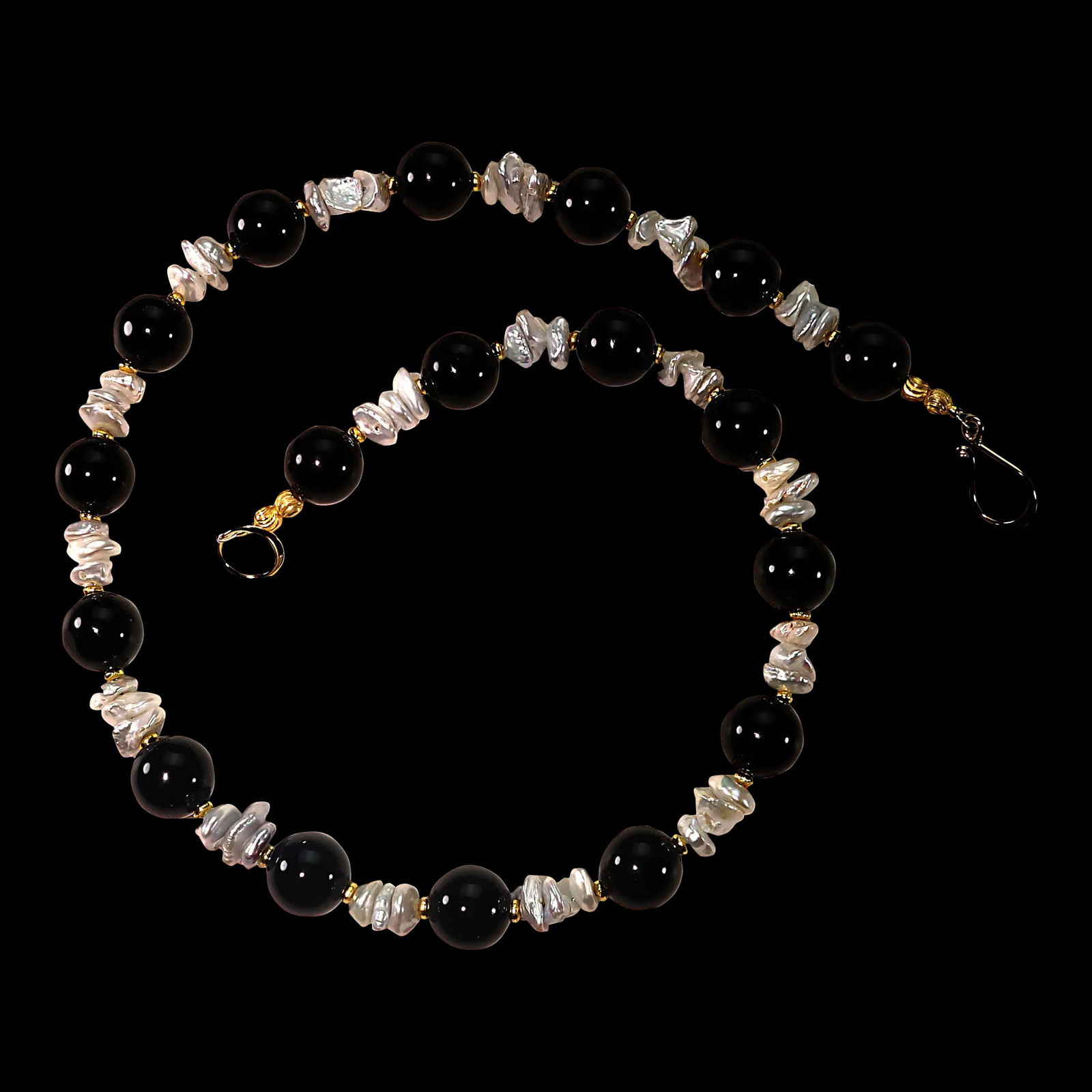 Black Onyx and White Pearl Necklace June Birthstone - 2