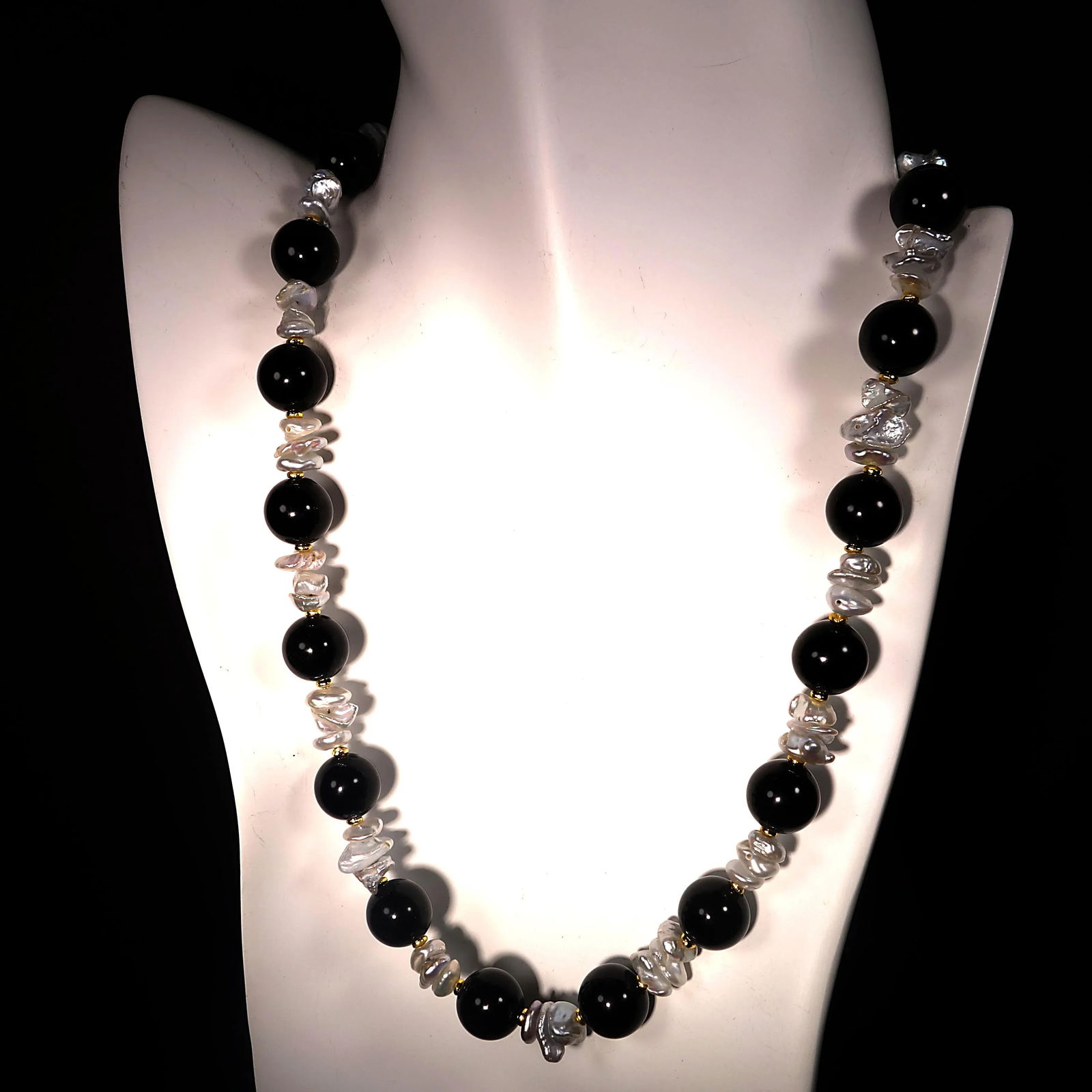 Black Onyx and White Pearl Necklace June Birthstone - 4