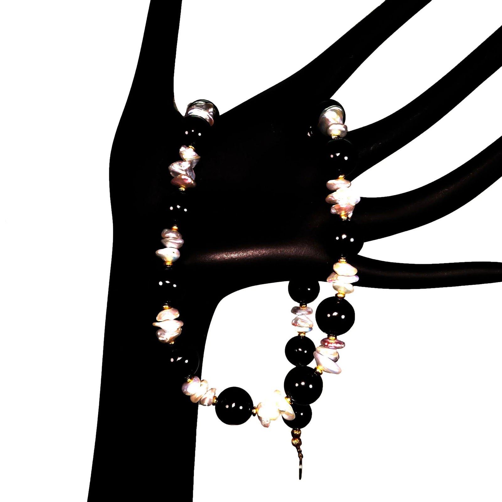 Black Onyx and White Pearl Necklace June Birthstone - 5