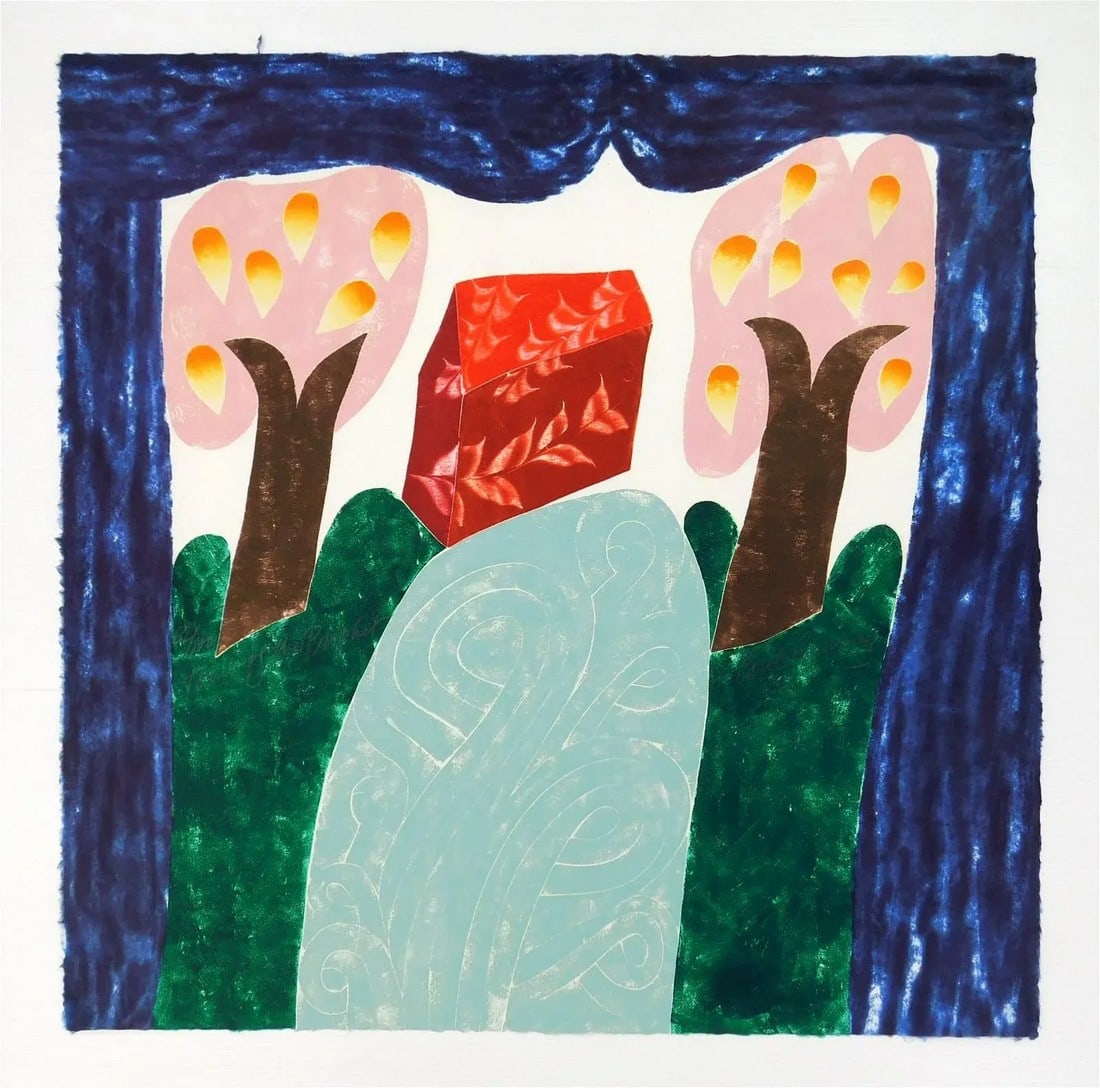 1990s Original Signed Carol Summers "Tomb of the Prophet" Woodcut, 62/100: Original Signed Carol Summers "Tomb of the Prophet" Woodcut, 62/100. Woodcut in color, 1990, signed, titled and numbered 62/100 in pencil. Not framed. Dimensions 30 1/4" W x 30" H Condition: soft crea