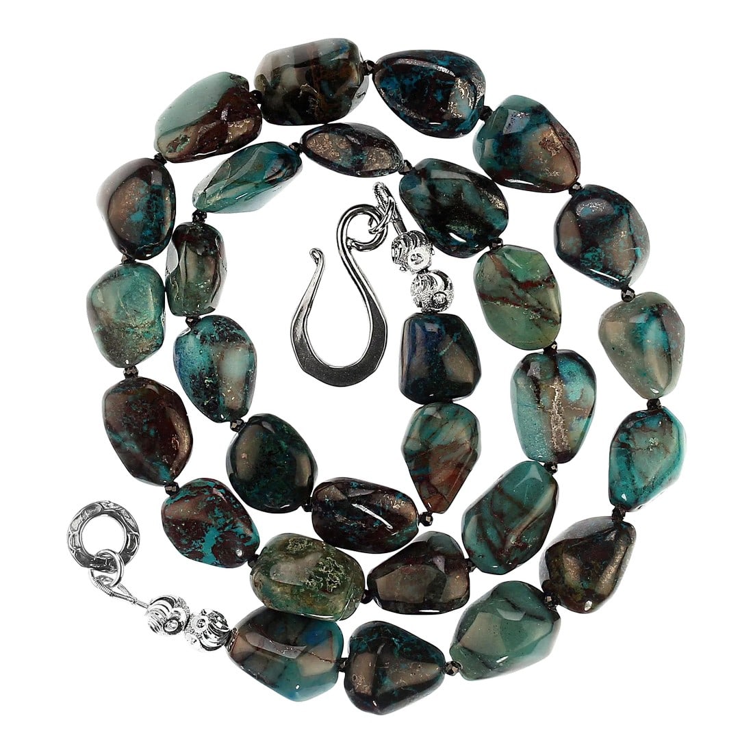 African Azurite Freeform Nuggets With Sterling Silver: This is part of Chairish's Costume Jewelry assortment. Elevate your style with this captivating 20-inch necklace, showcasing the natural beauty of highly polished African Azurite. Each freeform nugget