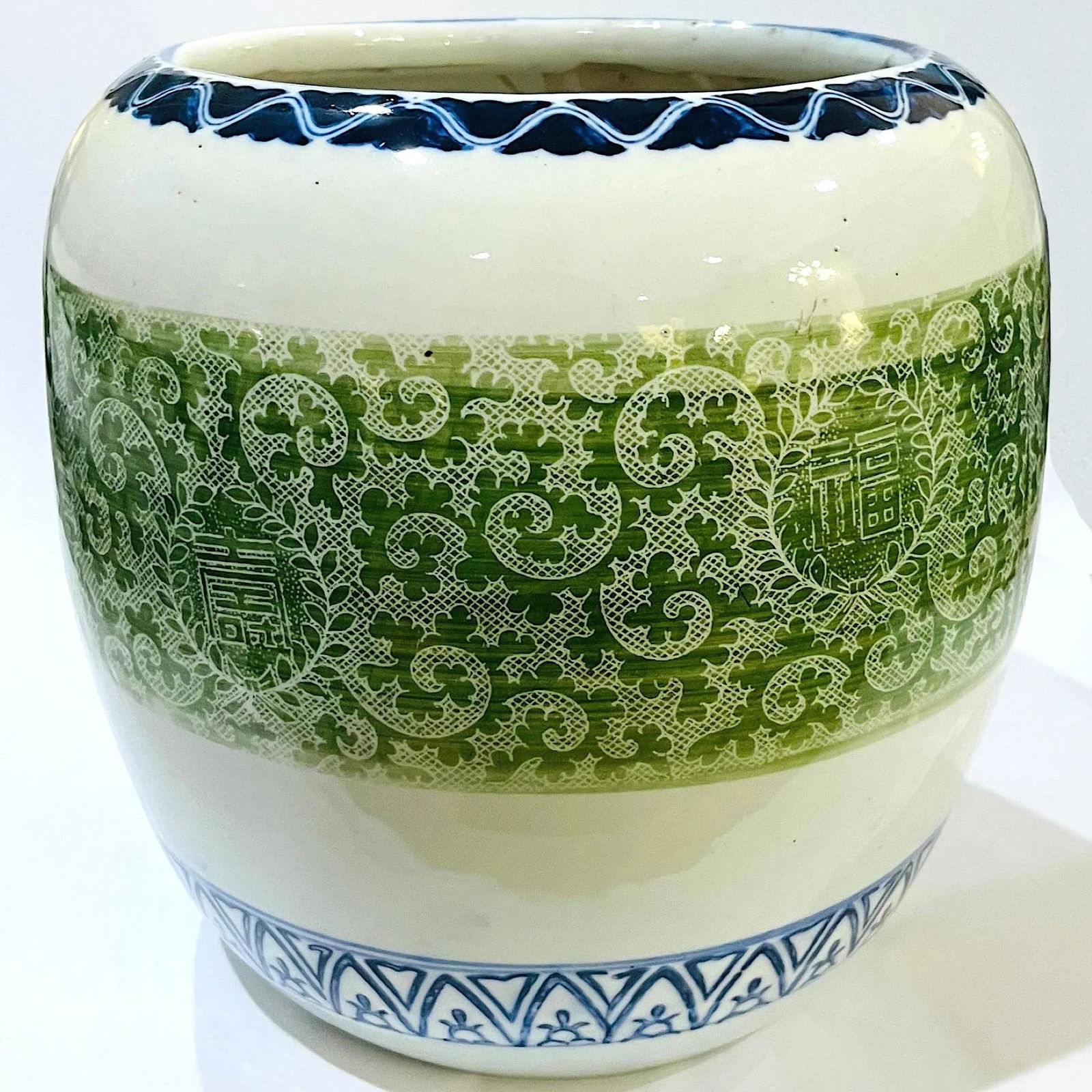Antique Japanese Hibachi Cachepot Planter - Green Border - 5
