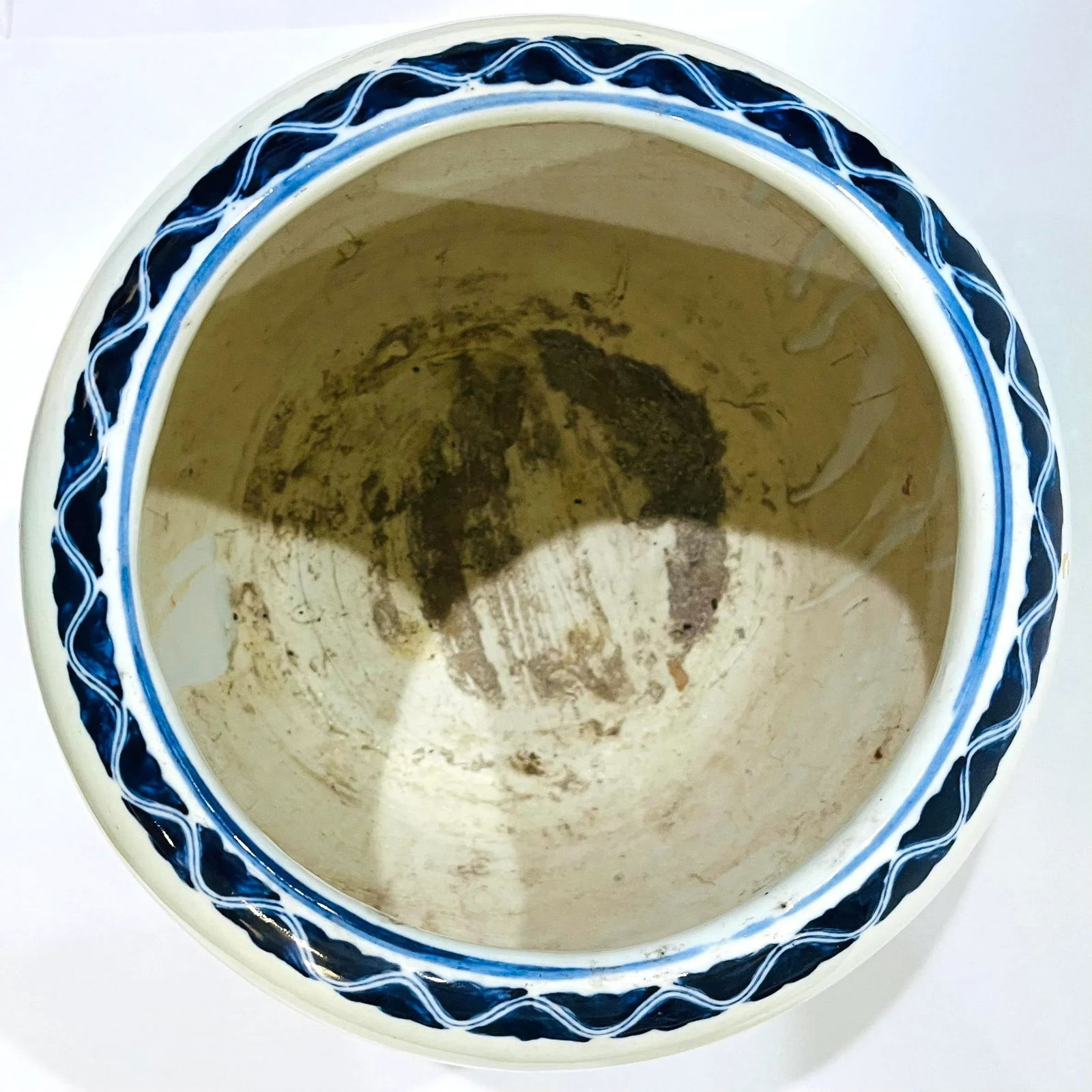 Antique Japanese Hibachi Cachepot Planter - Green Border - 7