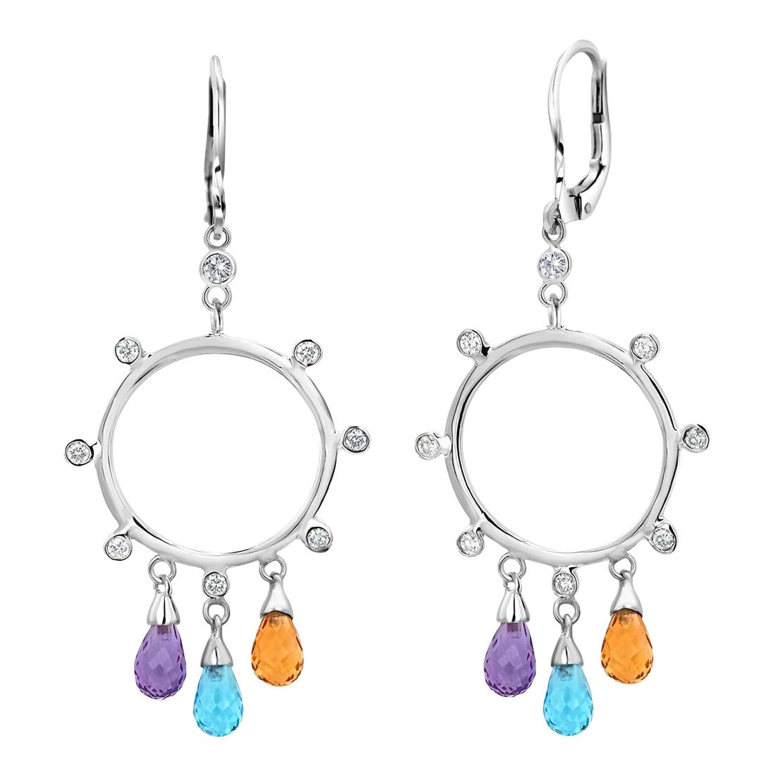 14 Karat White Gold Diamond Circle Earrings With 2.50 Carats Gemstone Briolettes - 2 Pieces: This is part of Chairish's Fine Jewelry assortment. Elevate your elegance with these stunning 14 Karat White Gold Diamond Circle Earrings. Expertly crafted, these earrings offer a perfect blend of