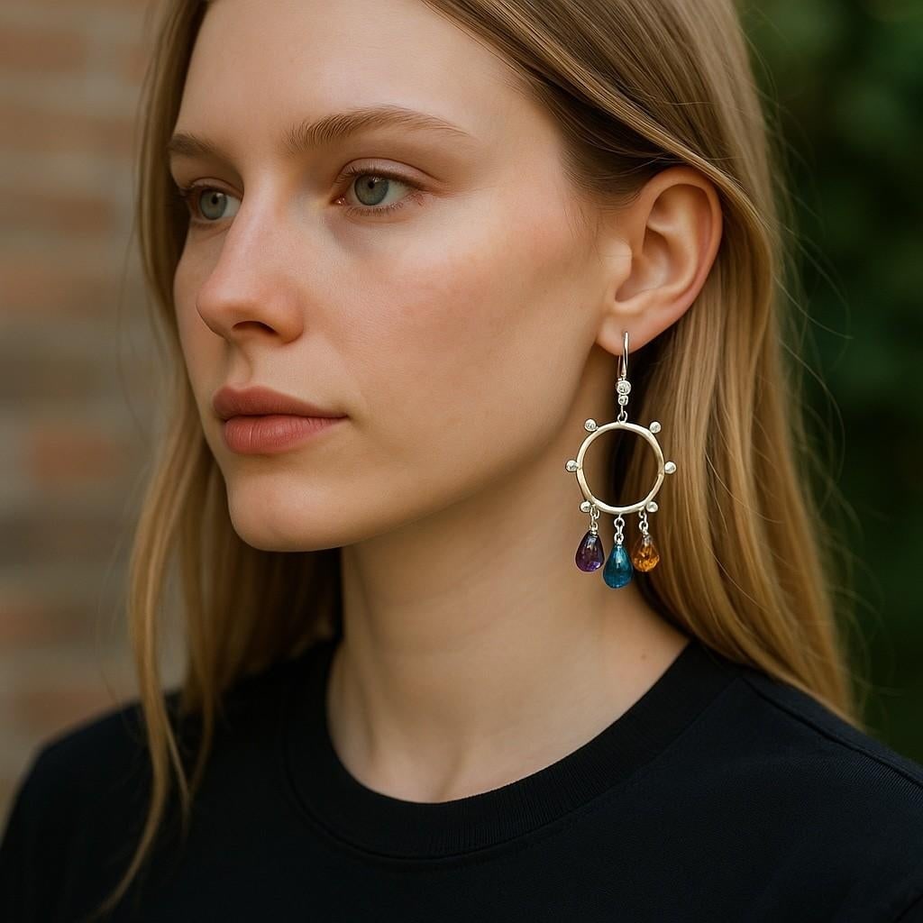 14 Karat White Gold Diamond Circle Earrings With 2.50 Carats Gemstone Briolettes - 2 Pieces - 2