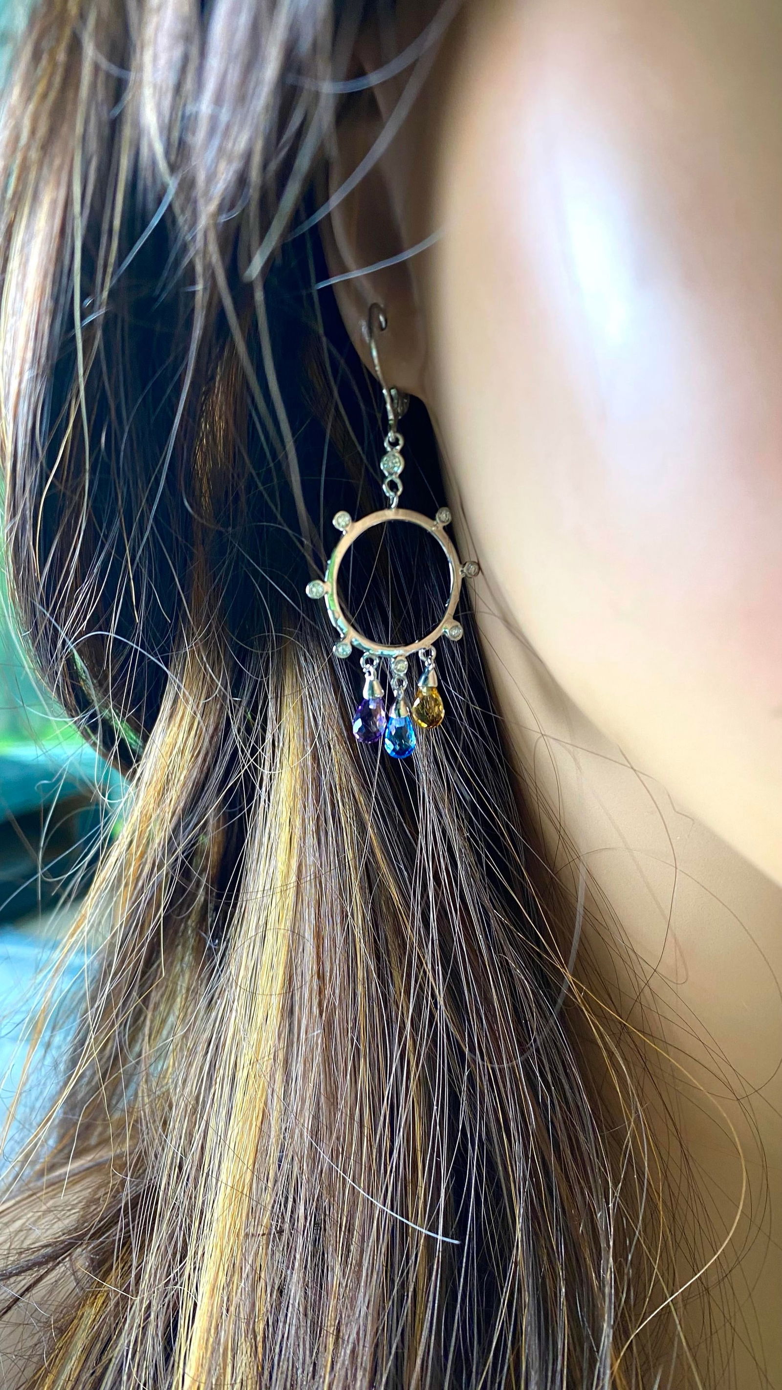 14 Karat White Gold Diamond Circle Earrings With 2.50 Carats Gemstone Briolettes - 2 Pieces - 3