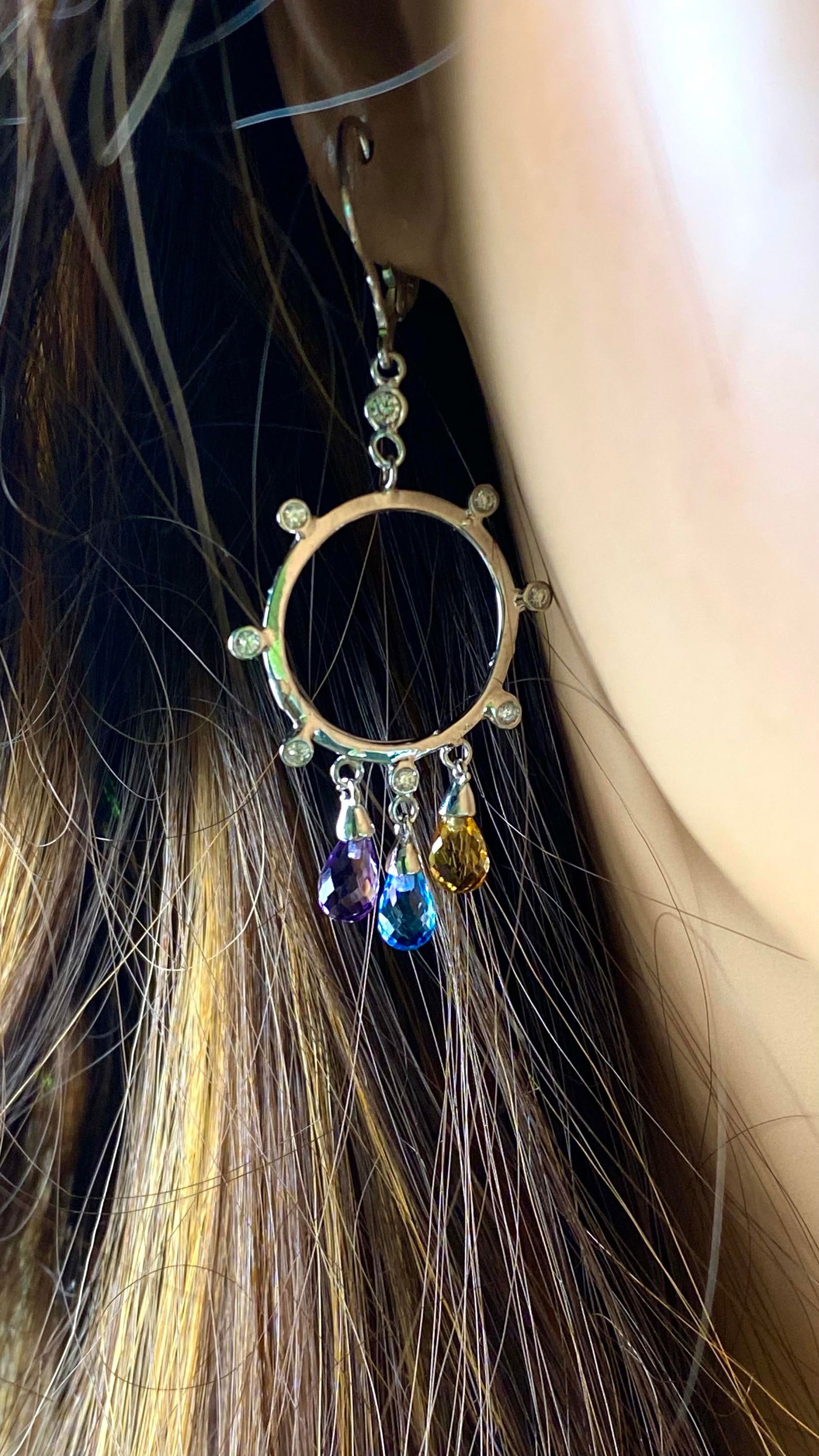 14 Karat White Gold Diamond Circle Earrings With 2.50 Carats Gemstone Briolettes - 2 Pieces - 4