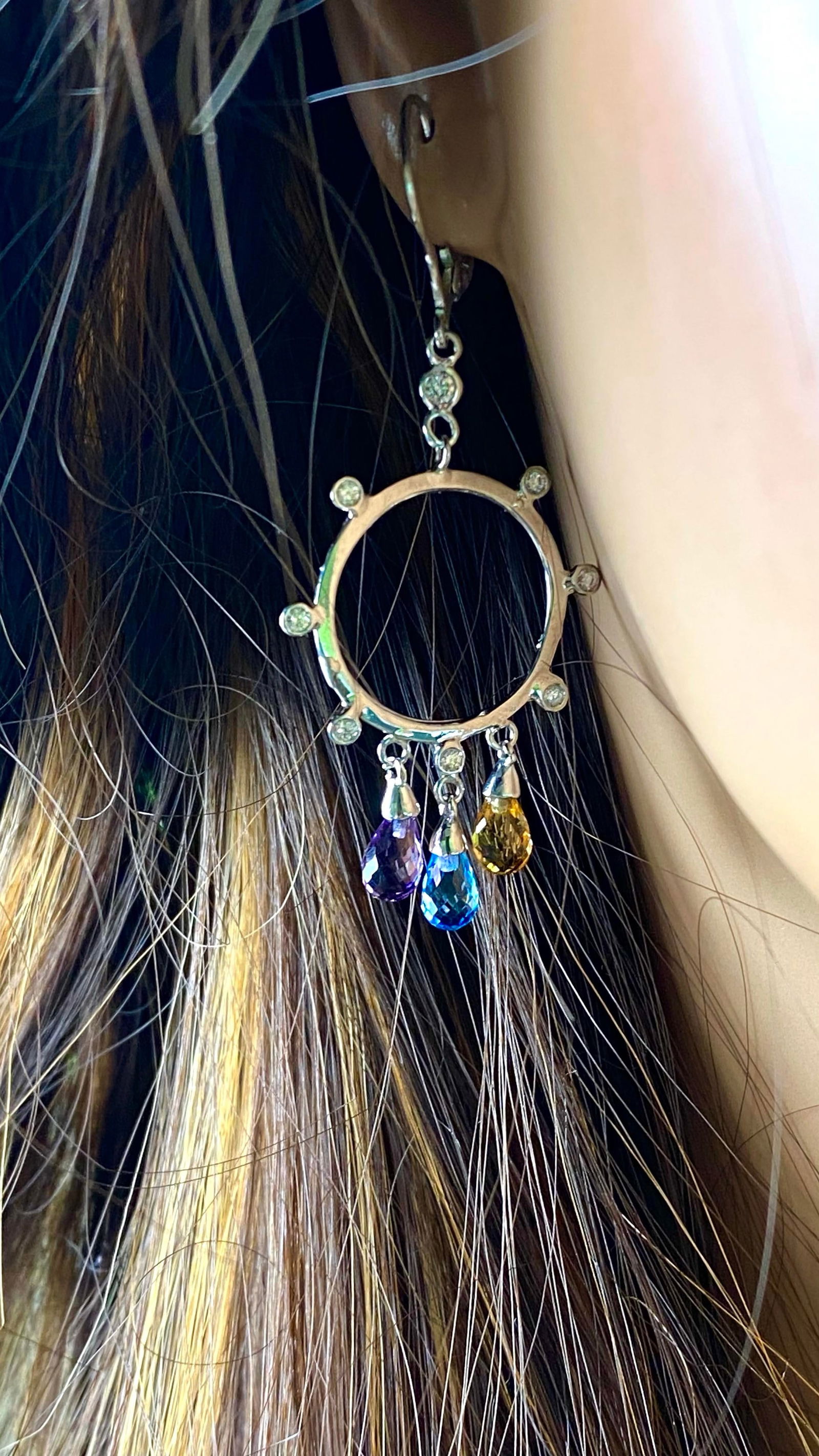 14 Karat White Gold Diamond Circle Earrings With 2.50 Carats Gemstone Briolettes - 2 Pieces - 6