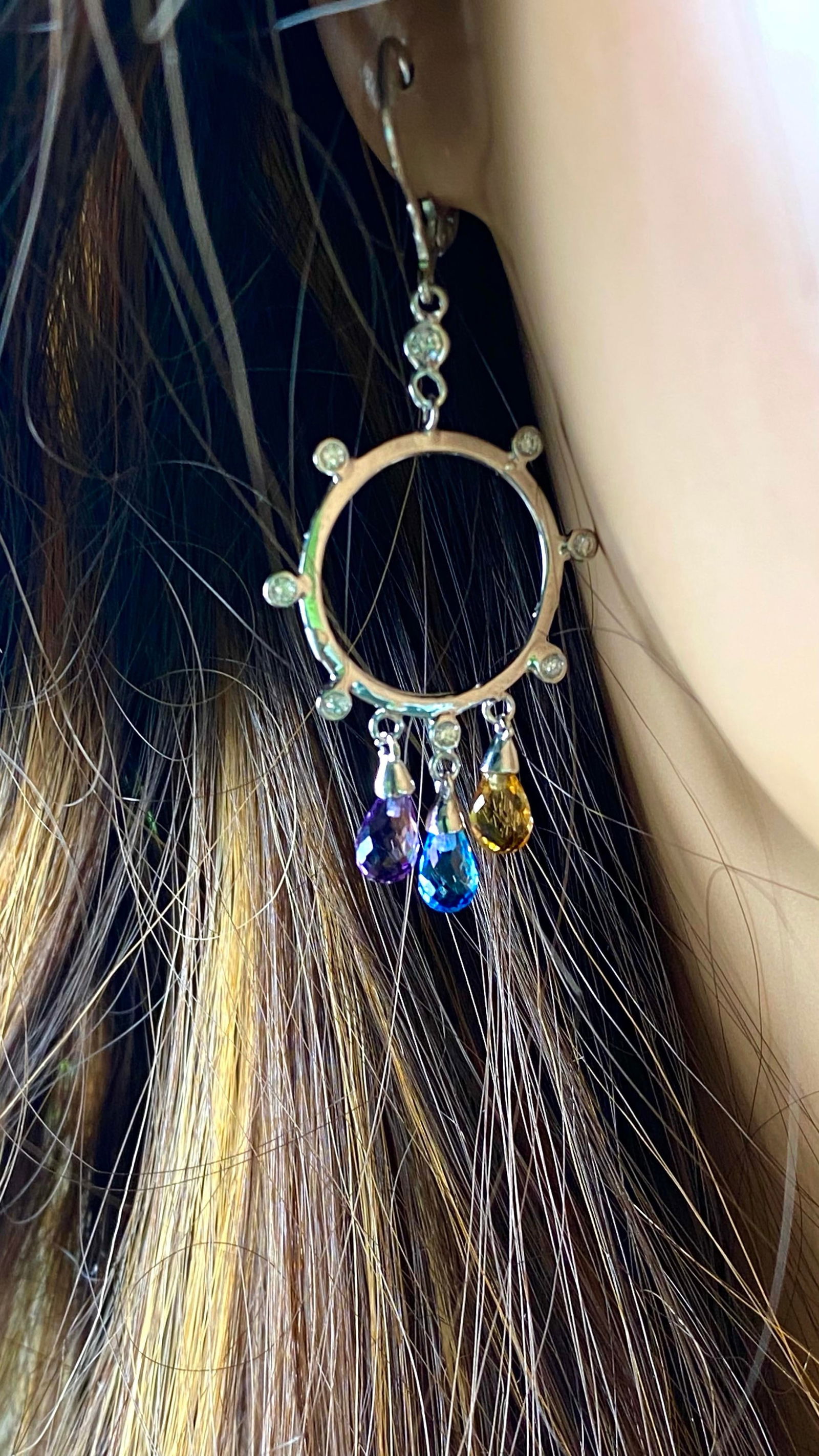 14 Karat White Gold Diamond Circle Earrings With 2.50 Carats Gemstone Briolettes - 2 Pieces - 7