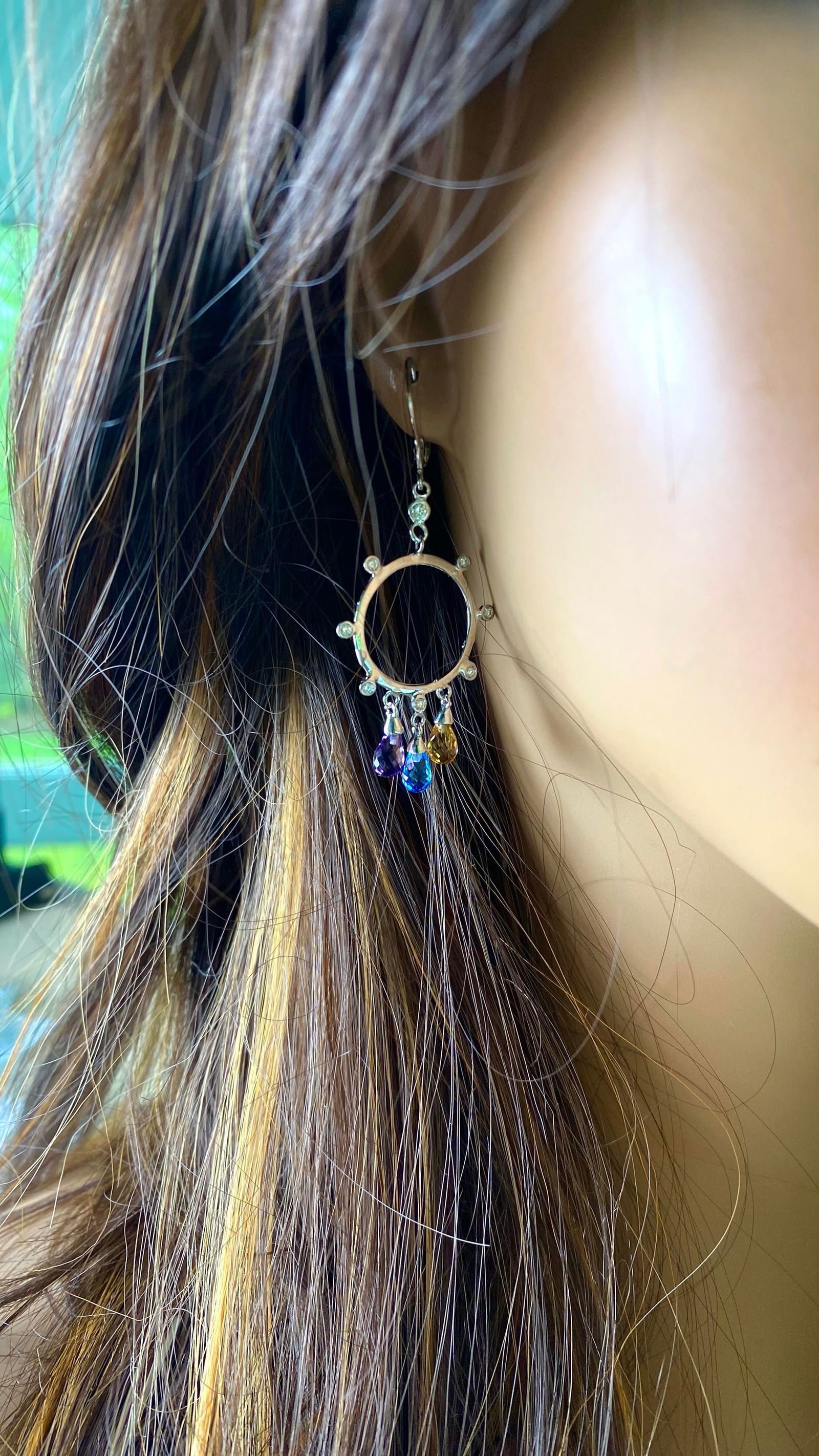 14 Karat White Gold Diamond Circle Earrings With 2.50 Carats Gemstone Briolettes - 2 Pieces - 8