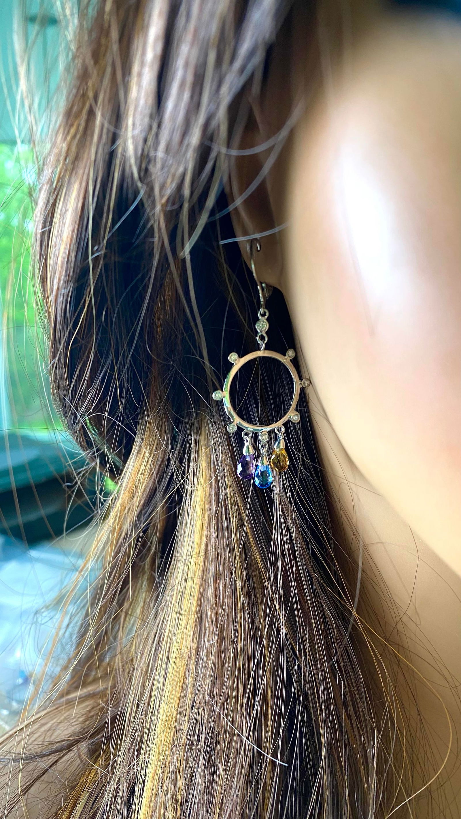 14 Karat White Gold Diamond Circle Earrings With 2.50 Carats Gemstone Briolettes - 2 Pieces - 9