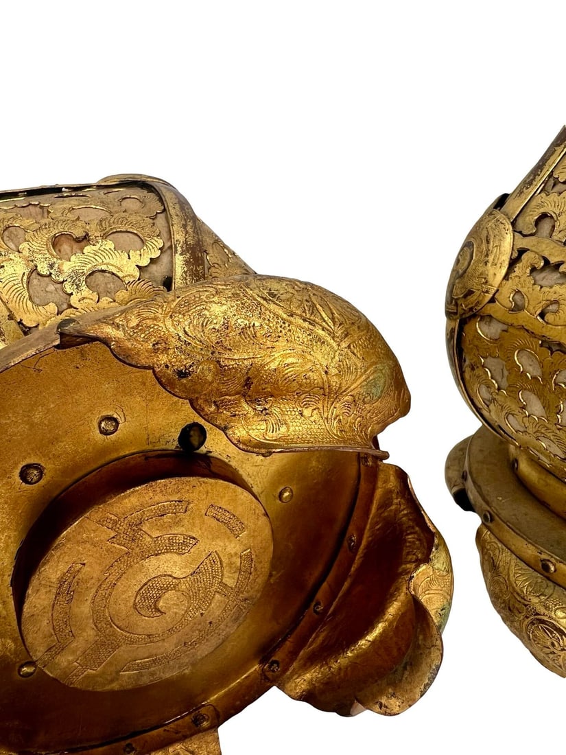 Pair, Meiji Period Japanese Gilt Bronze & Parchment Pierced Lanterns Hang or Table - 10