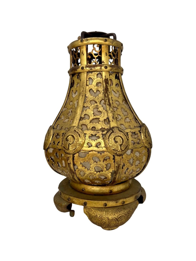 Pair, Meiji Period Japanese Gilt Bronze & Parchment Pierced Lanterns Hang or Table - 2