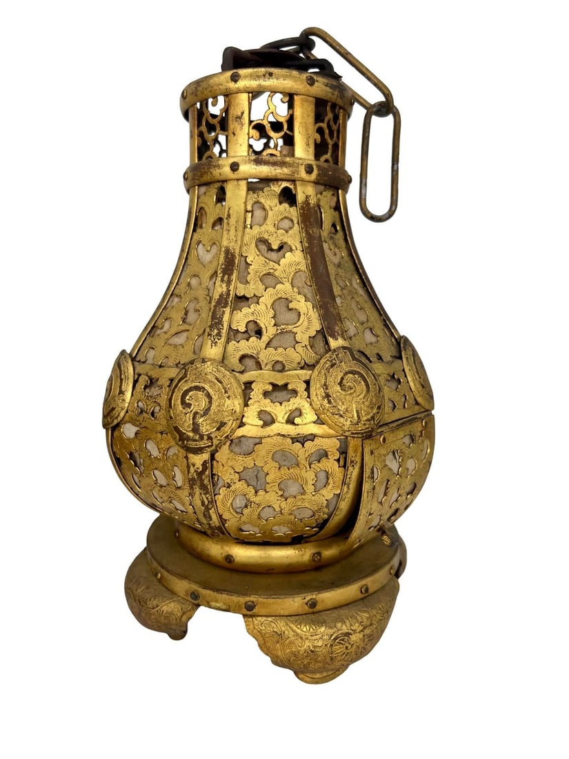 Pair, Meiji Period Japanese Gilt Bronze & Parchment Pierced Lanterns Hang or Table - 3
