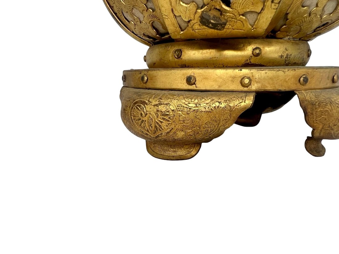 Pair, Meiji Period Japanese Gilt Bronze & Parchment Pierced Lanterns Hang or Table - 6